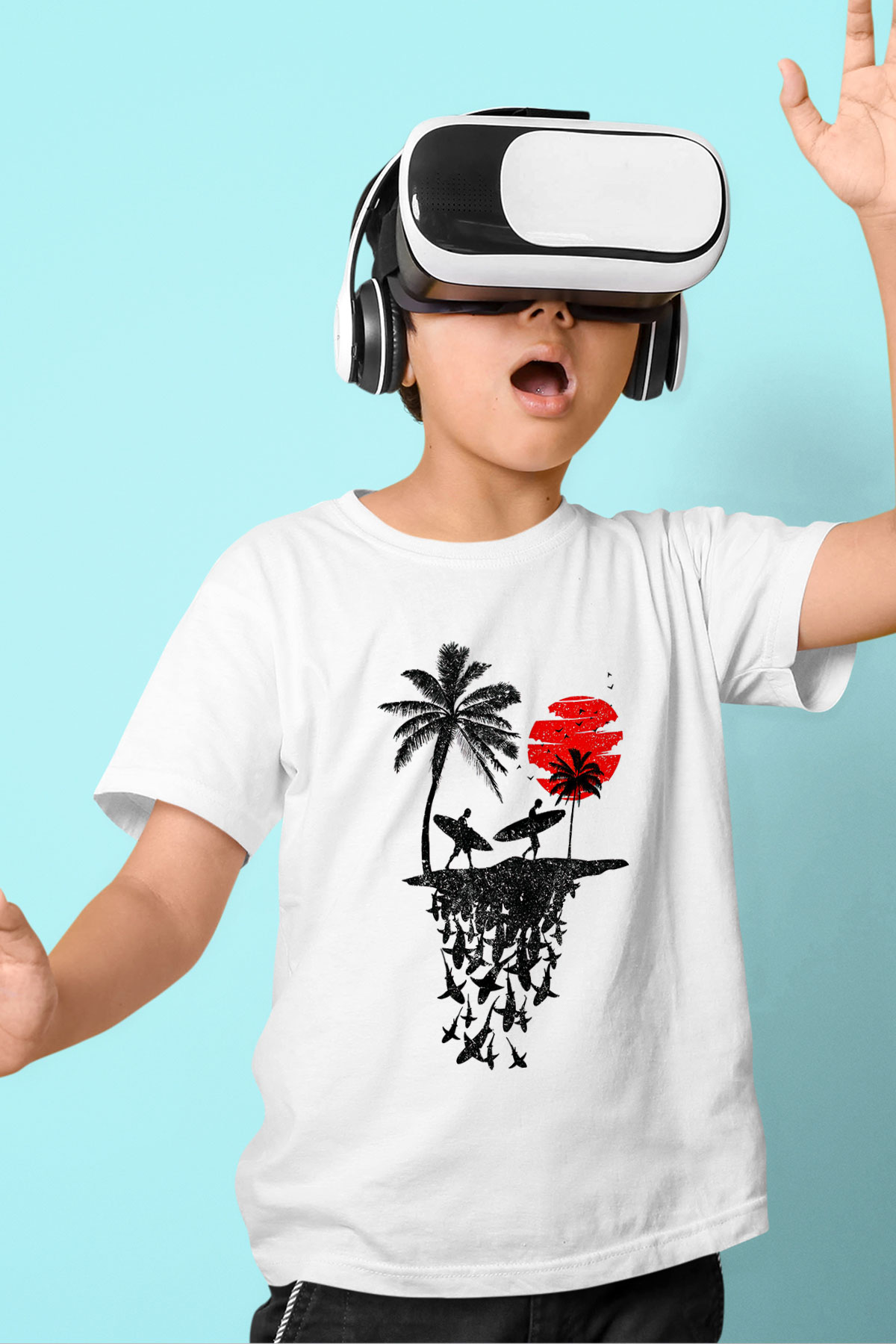 Sörf Baskılı Unisex Beyaz Çocuk Tişört - Tshirt