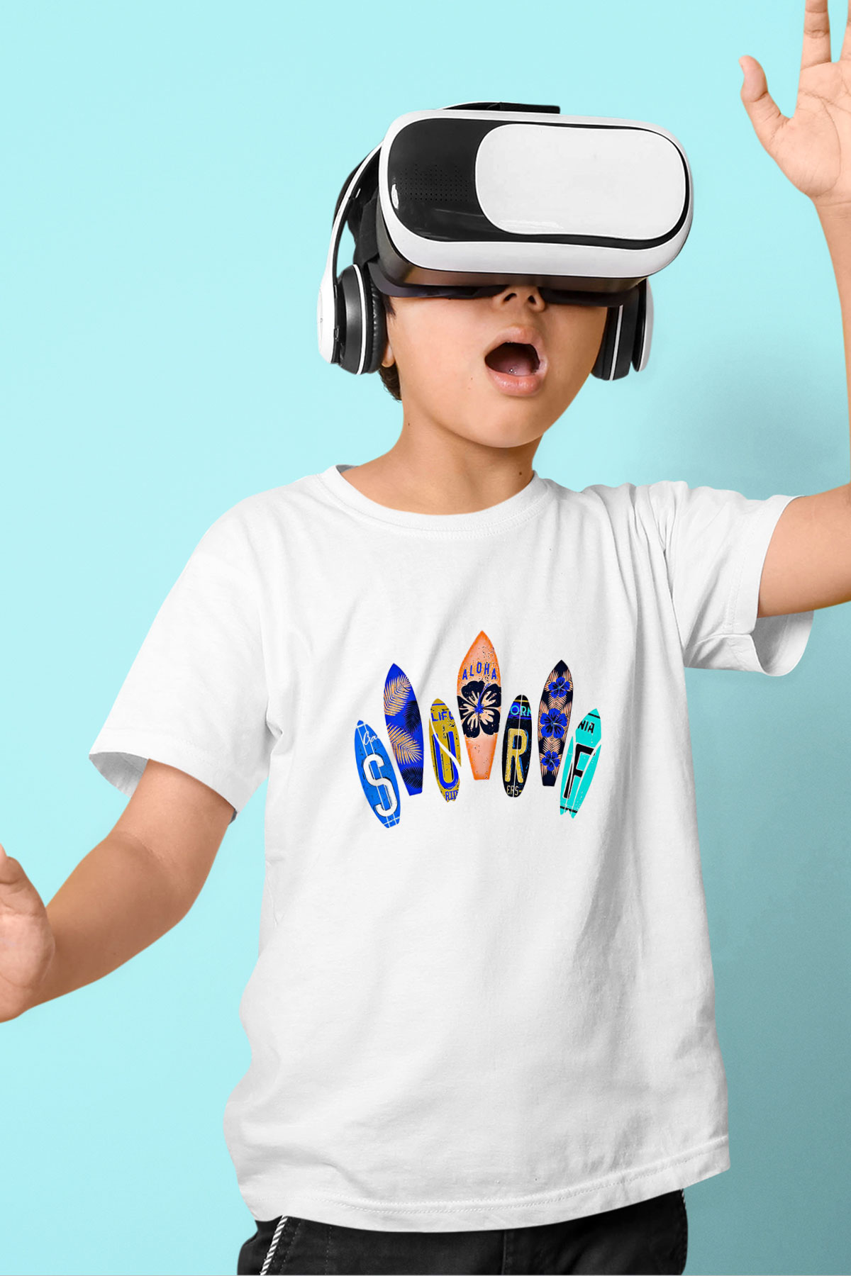 Sörf Baskılı Unisex Beyaz Çocuk Tişört - Tshirt