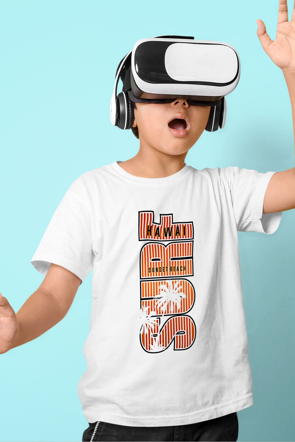 Sörf Baskılı Unisex Beyaz Çocuk Tişört - Tshirt