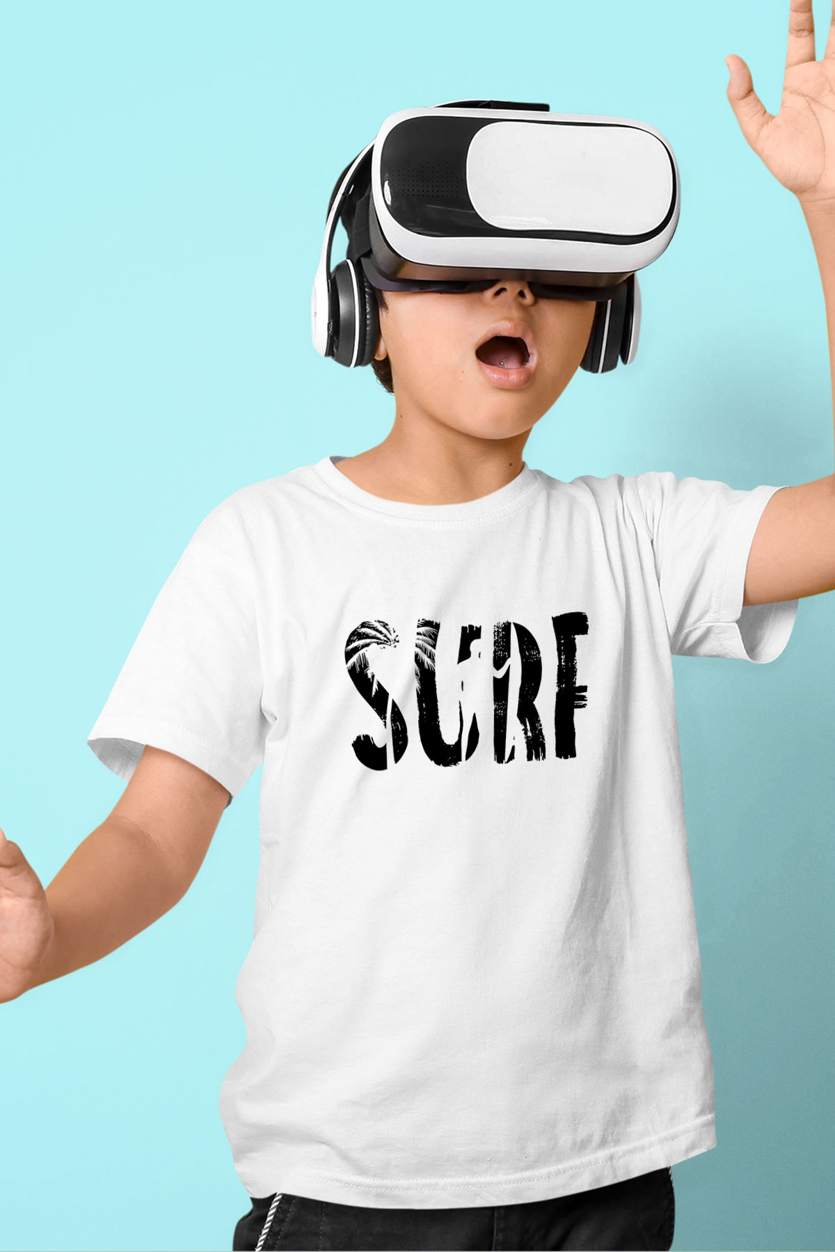 Sörf Baskılı Unisex Beyaz Çocuk Tişört - Tshirt