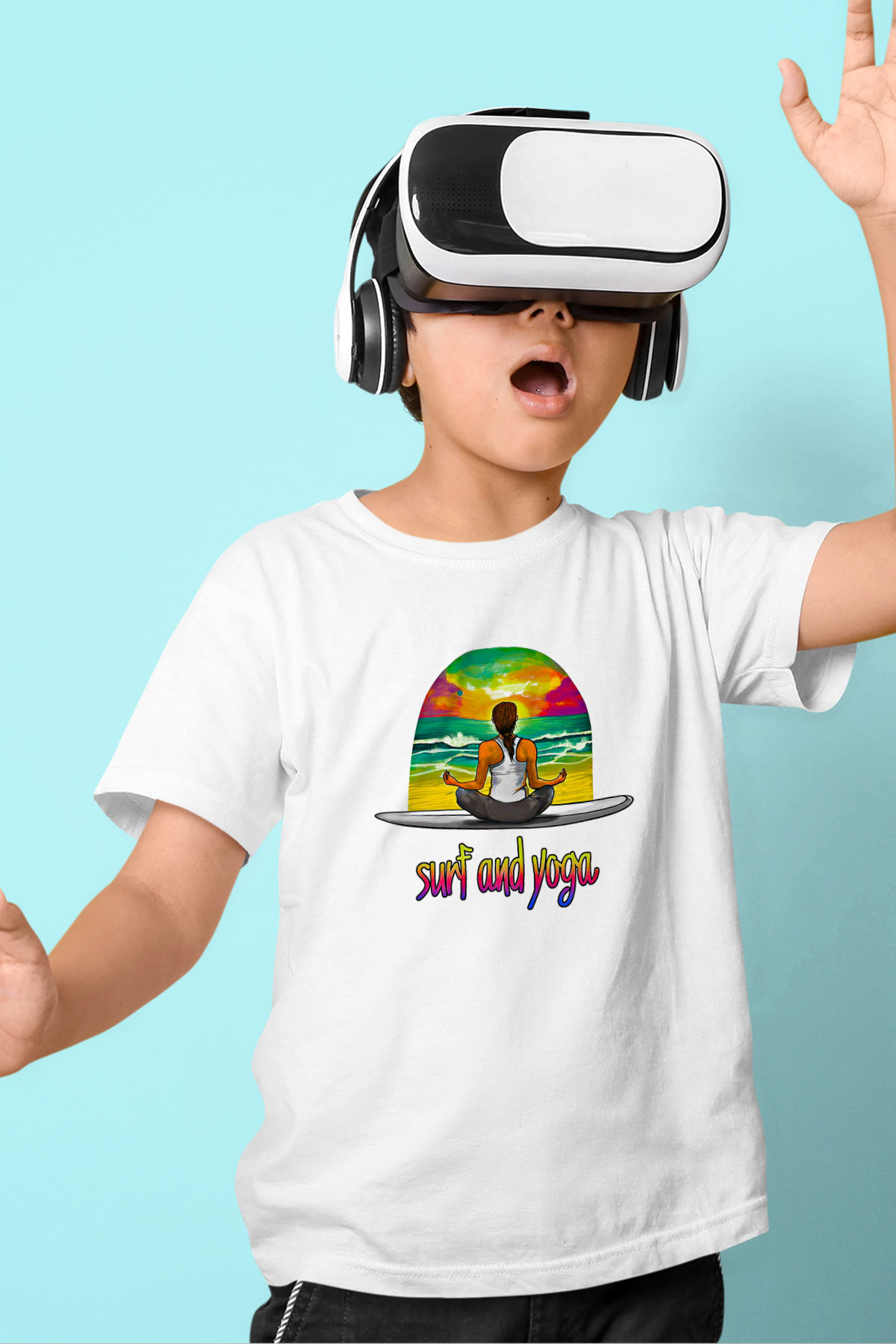 Sörf Baskılı Unisex Beyaz Çocuk Tişört - Tshirt