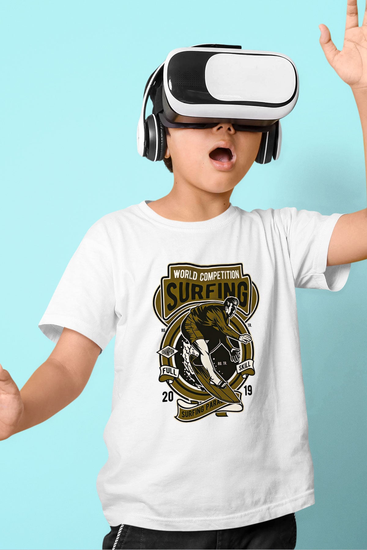 Sörf Baskılı Unisex Beyaz Çocuk Tişört - Tshirt