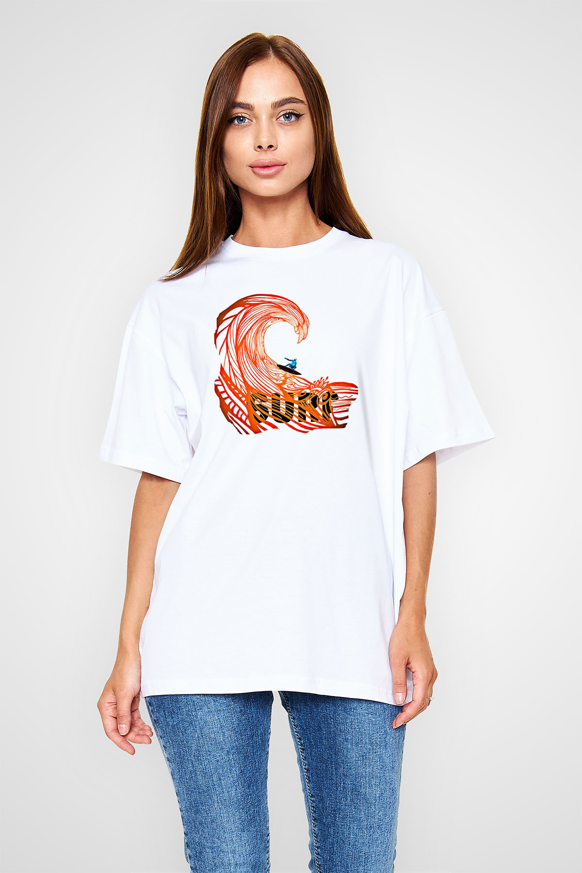 Sörf Baskılı Unisex Beyaz Oversize Tişört - Tshirt