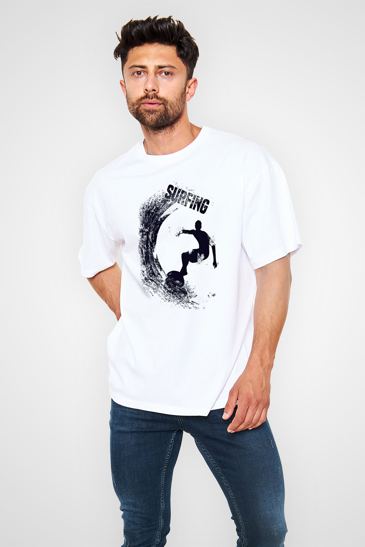 Sörf Baskılı Unisex Beyaz Oversize Tişört - Tshirt