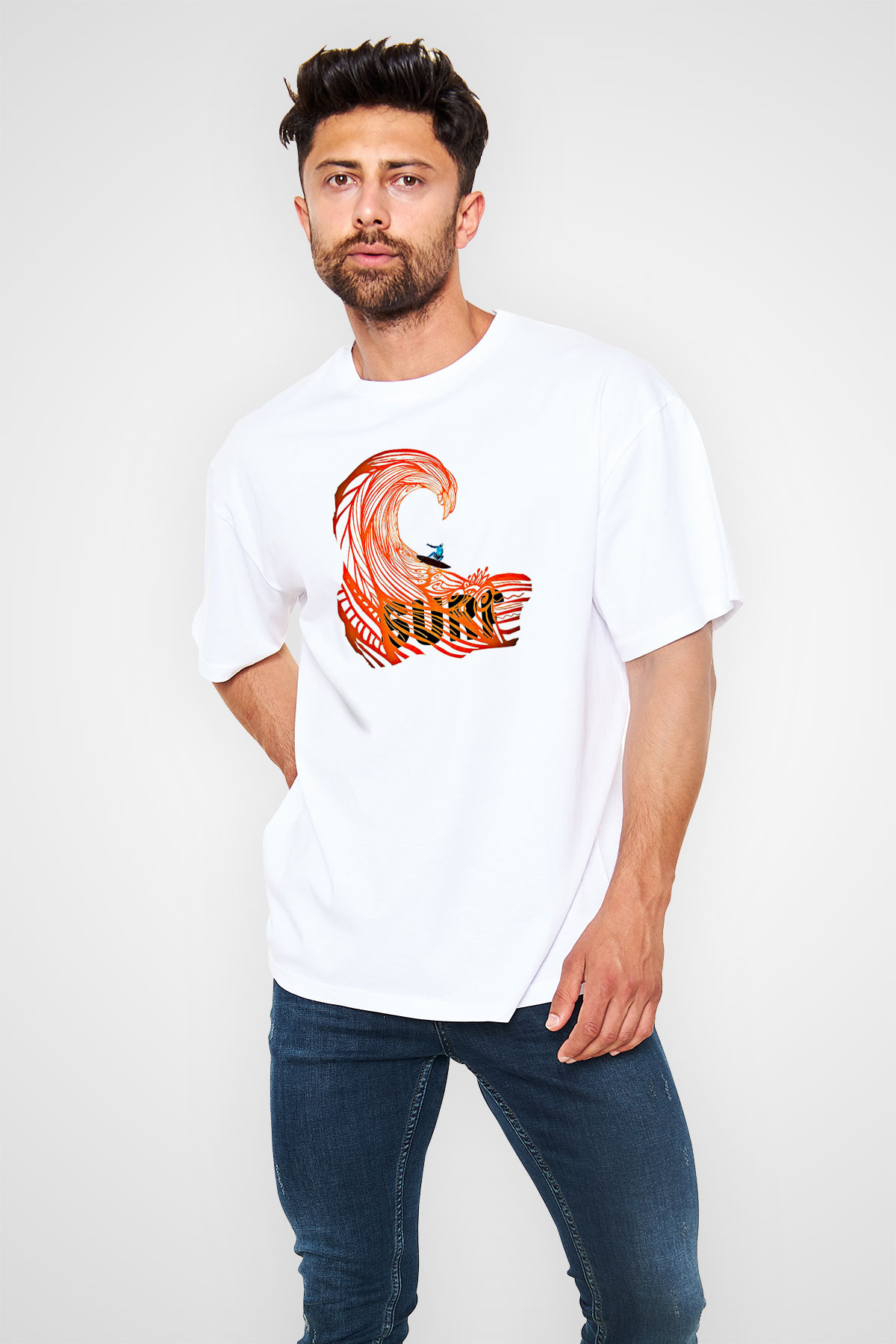 Sörf Baskılı Unisex Beyaz Oversize Tişört - Tshirt