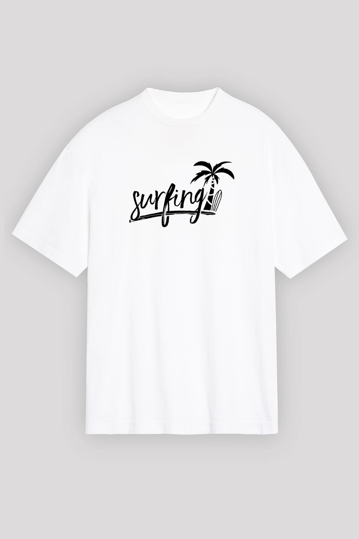 Sörf Baskılı Unisex Beyaz Oversize Tişört - Tshirt