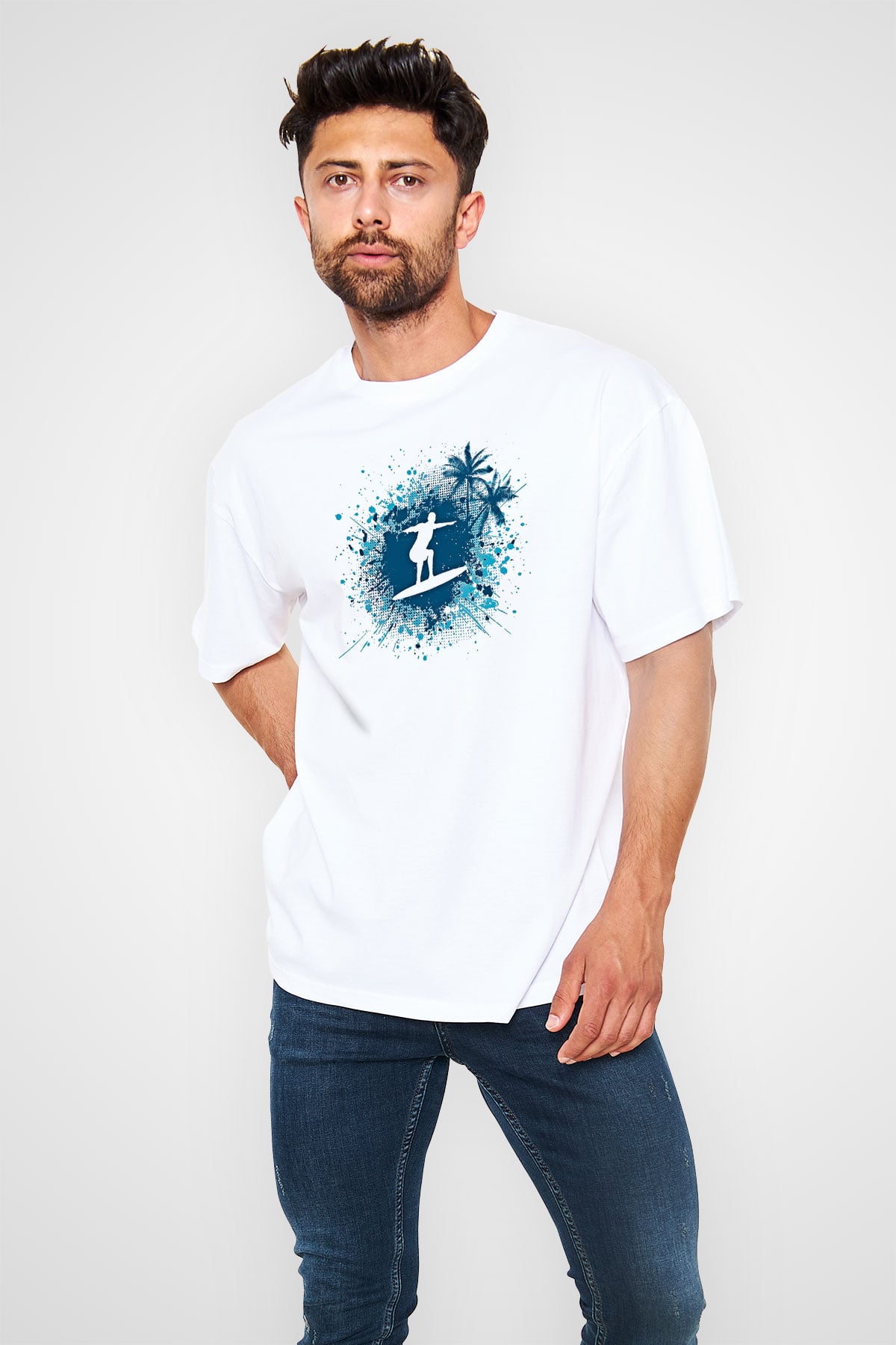 Sörf Baskılı Unisex Beyaz Oversize Tişört - Tshirt