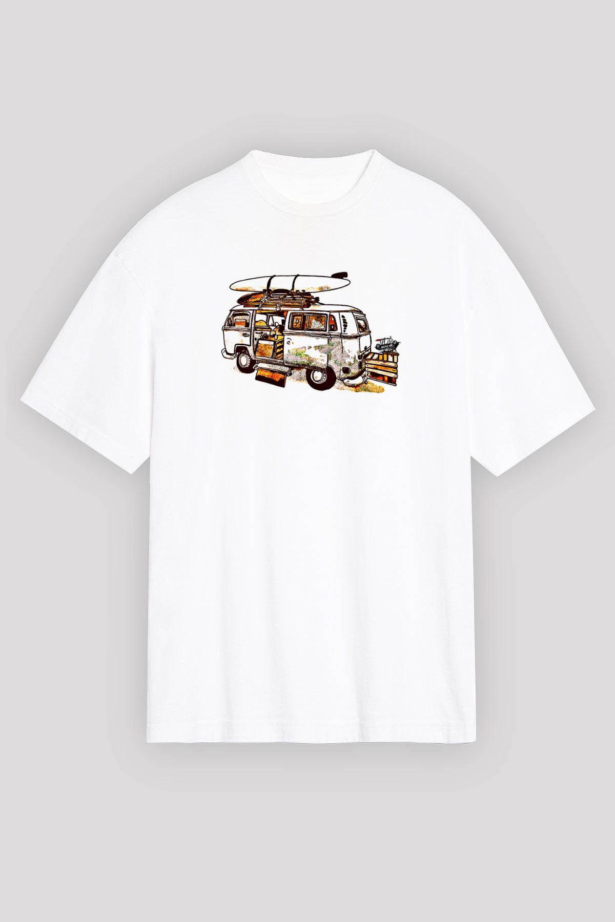 Sörf Baskılı Unisex Beyaz Oversize Tişört - Tshirt