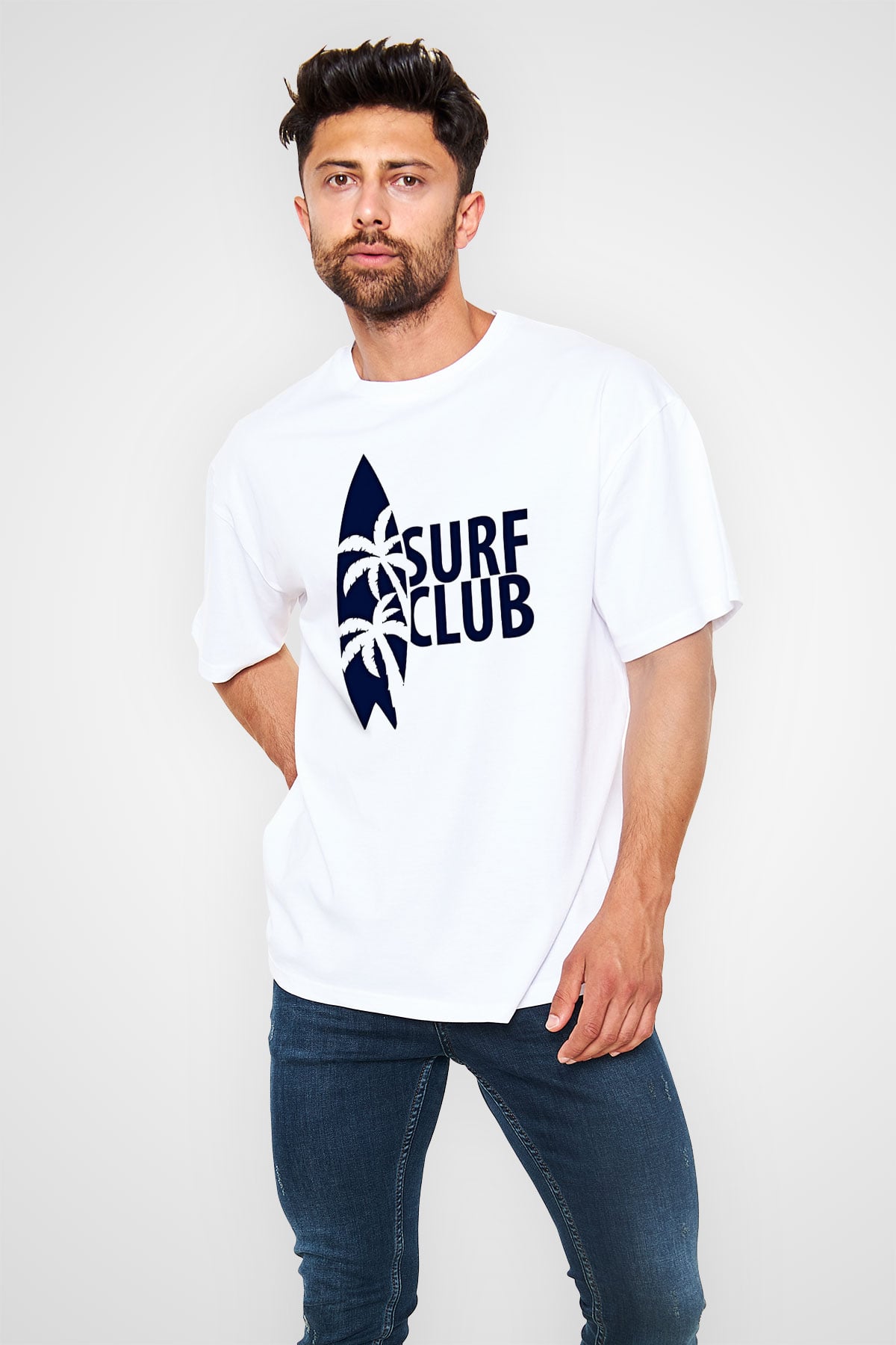 Sörf Baskılı Unisex Beyaz Oversize Tişört - Tshirt