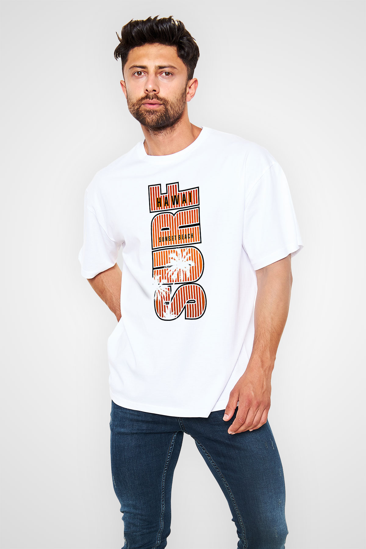 Sörf Baskılı Unisex Beyaz Oversize Tişört - Tshirt