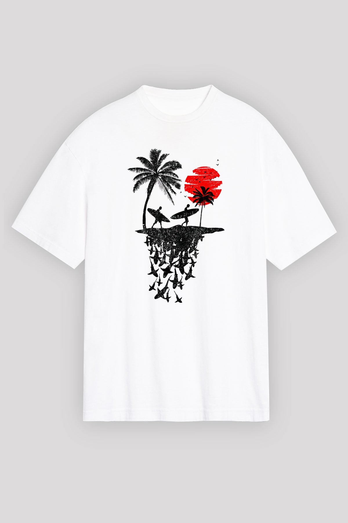 Sörf Baskılı Unisex Beyaz Oversize Tişört - Tshirt