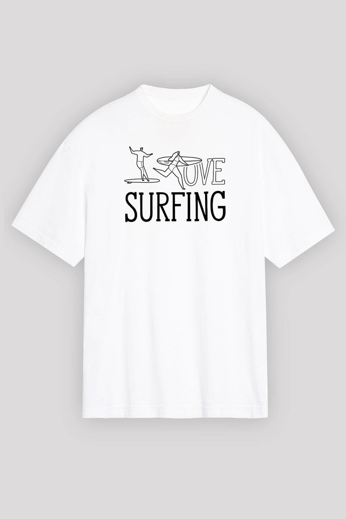 Sörf Baskılı Unisex Beyaz Oversize Tişört - Tshirt