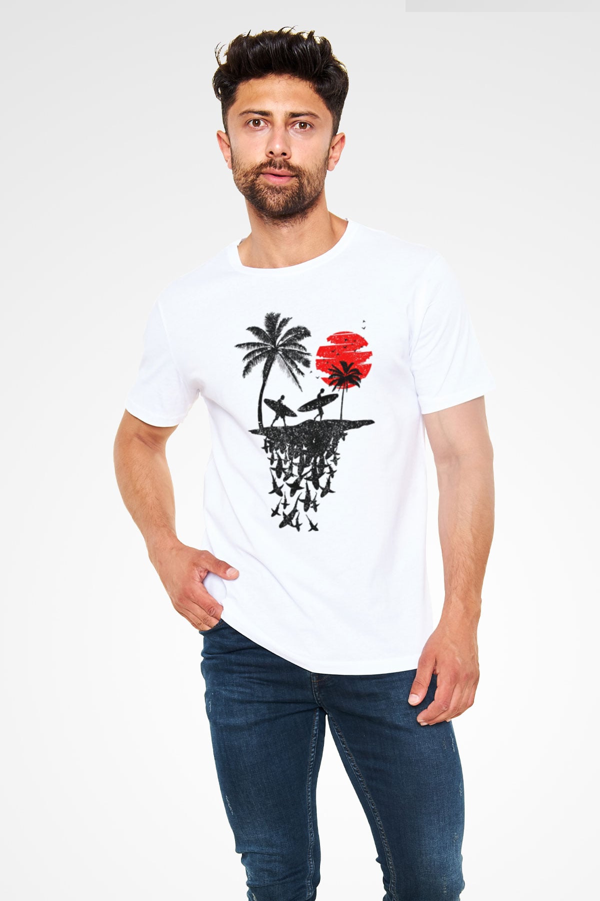 Sörf Baskılı Unisex Beyaz Tişört - Tshirt