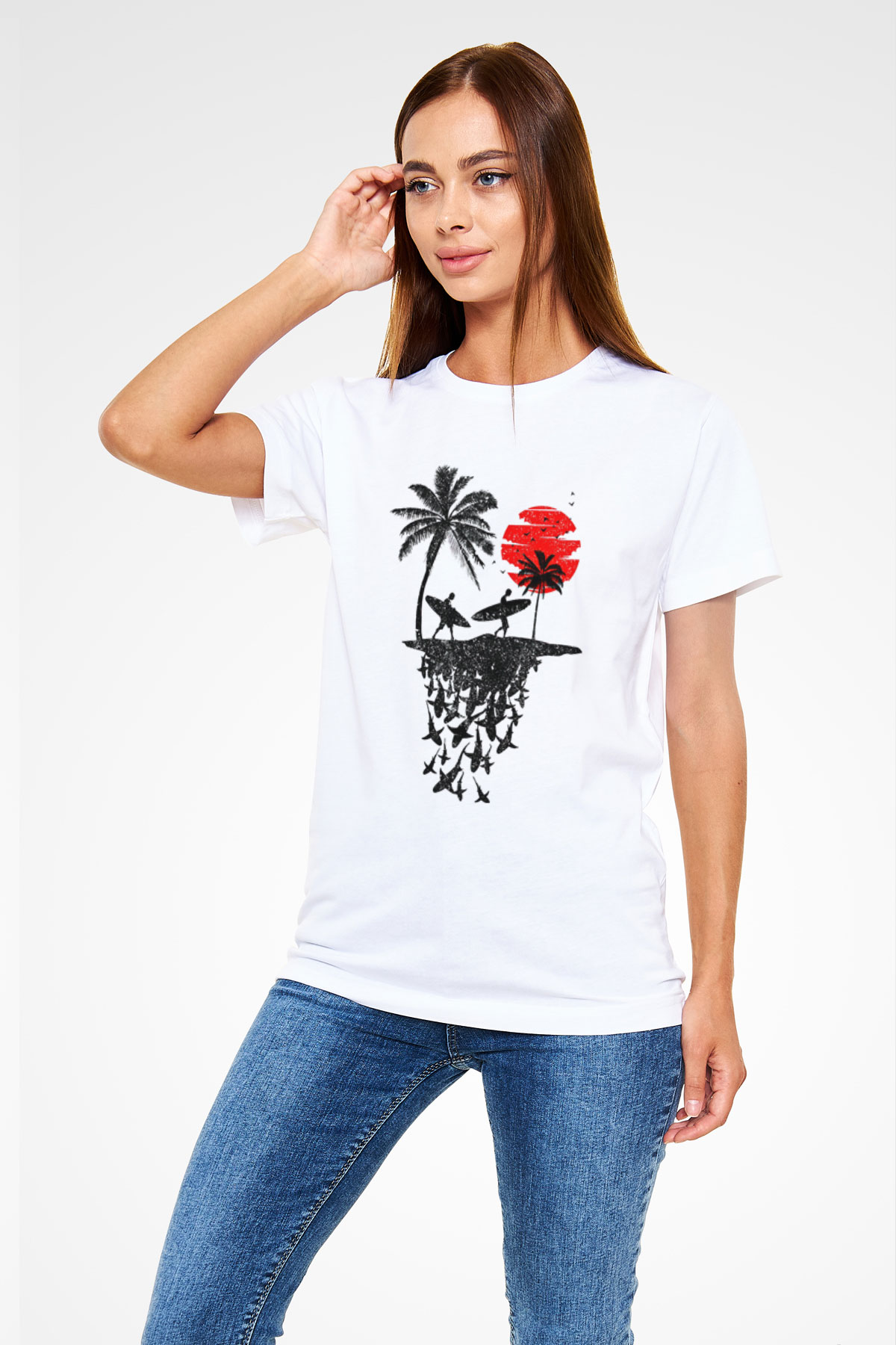 Sörf Baskılı Unisex Beyaz Tişört - Tshirt