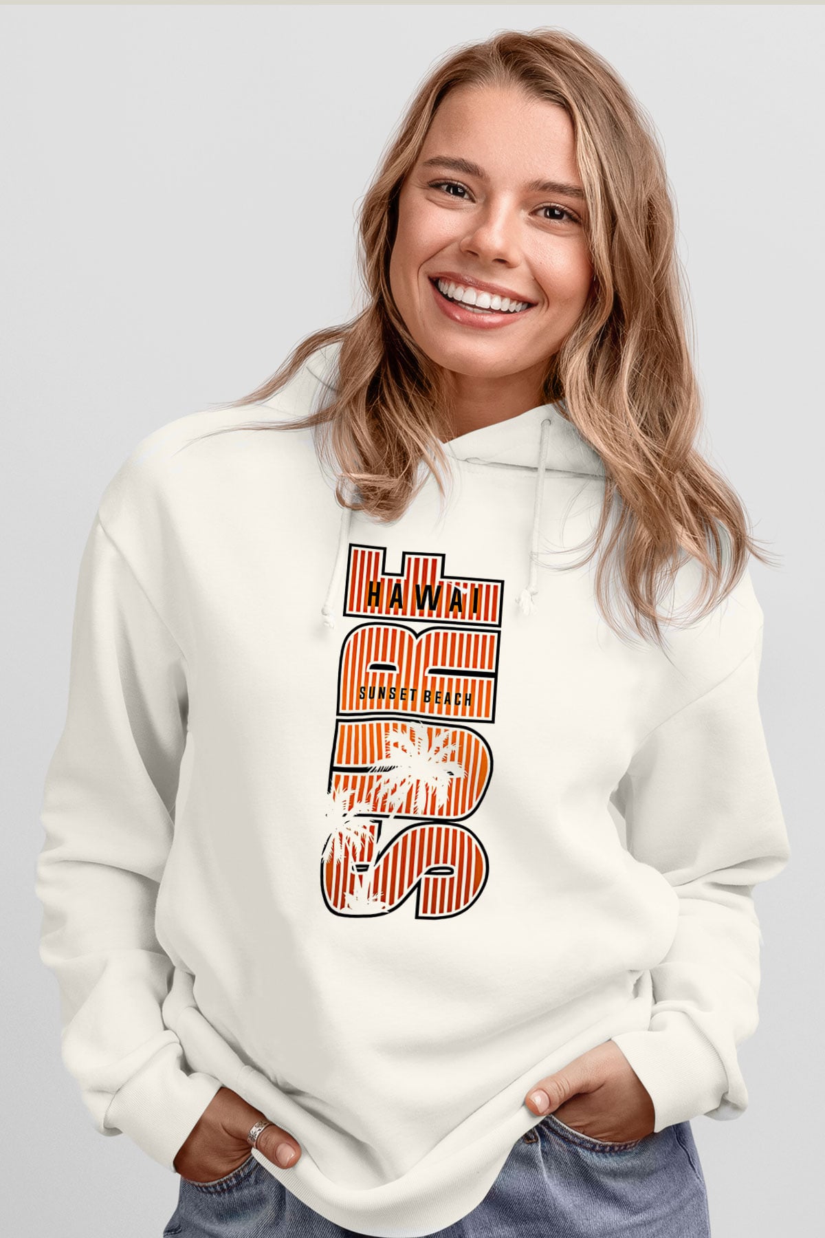 Sörf Baskılı Unisex Ekru Hoodie