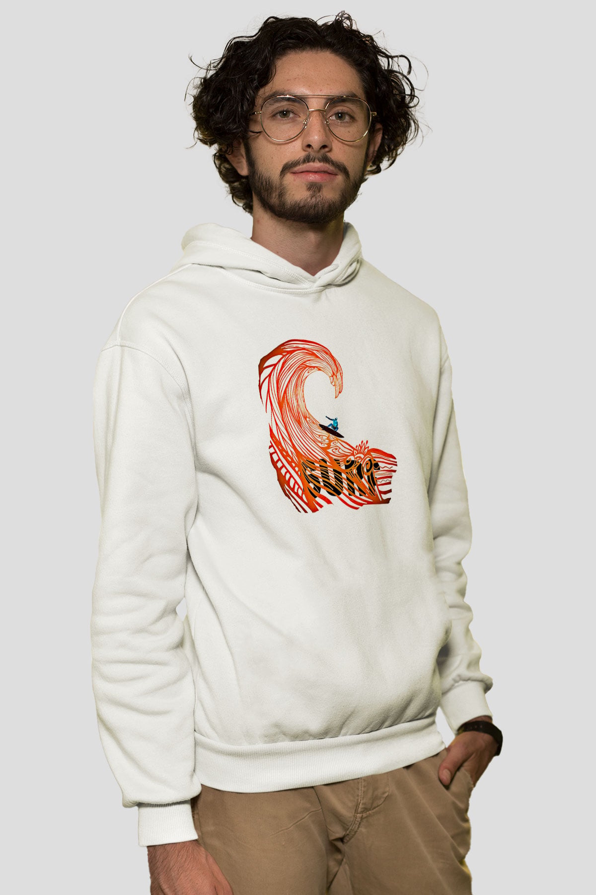 Sörf Baskılı Unisex Ekru Hoodie