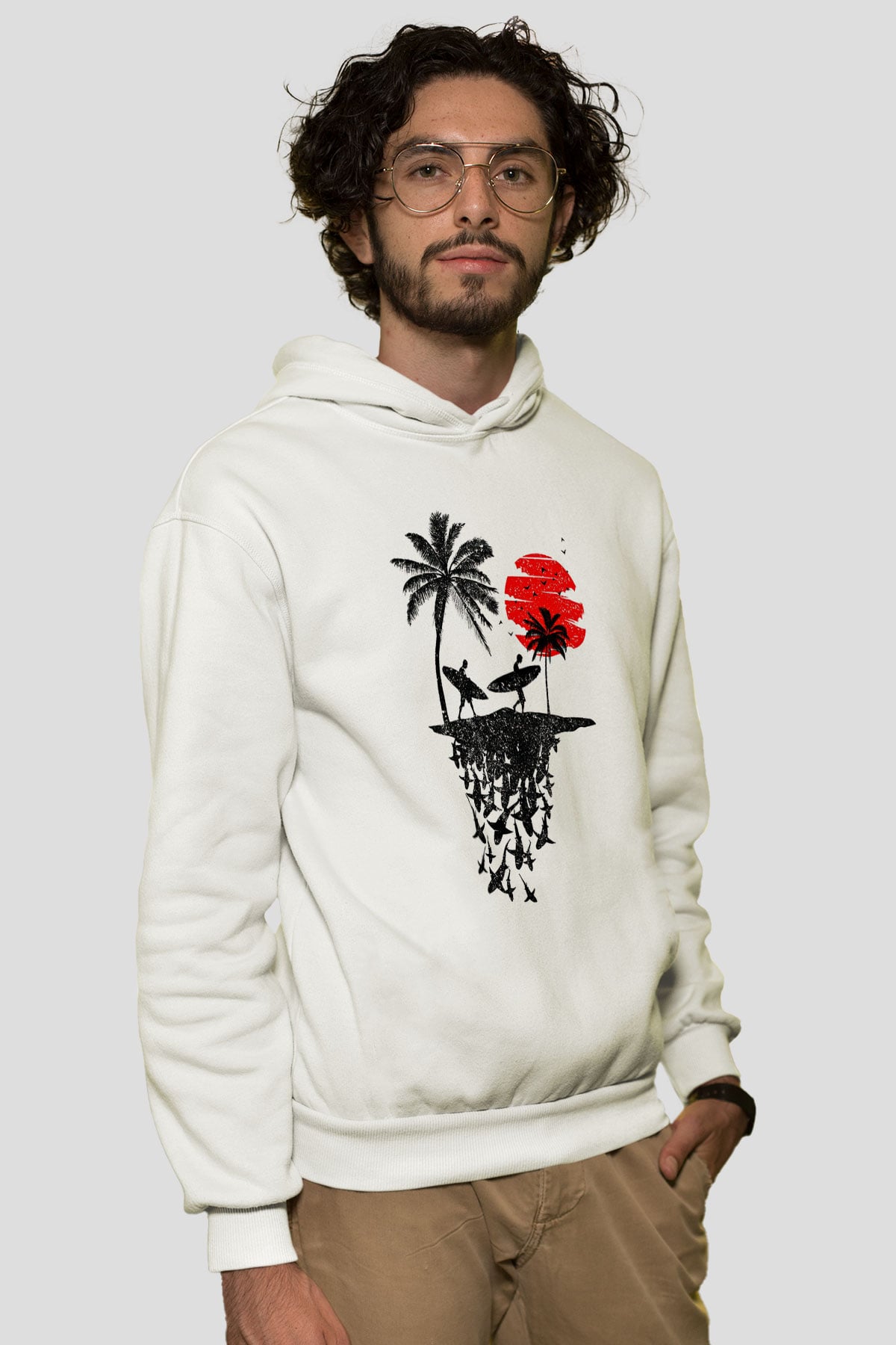 Sörf Baskılı Unisex Ekru Hoodie