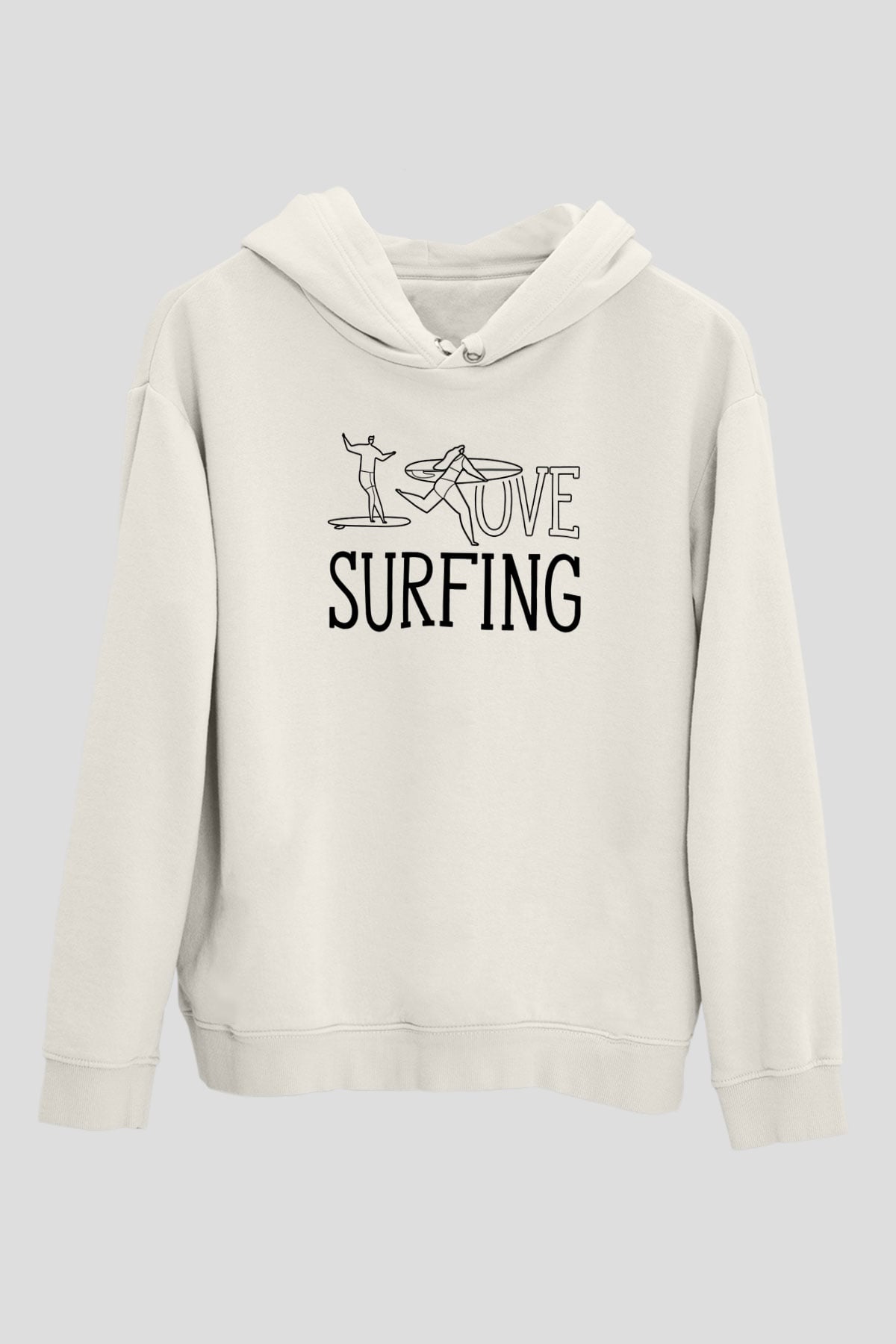 Sörf Baskılı Unisex Ekru Hoodie