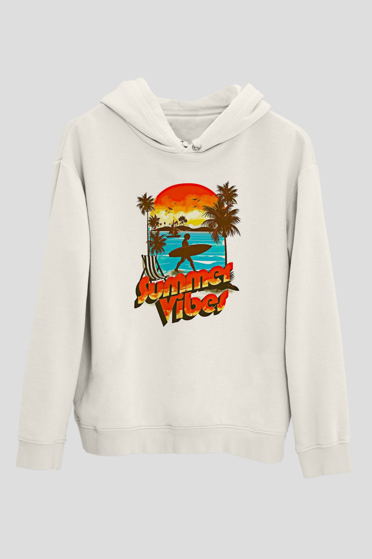 Sörf Baskılı Unisex Ekru Hoodie