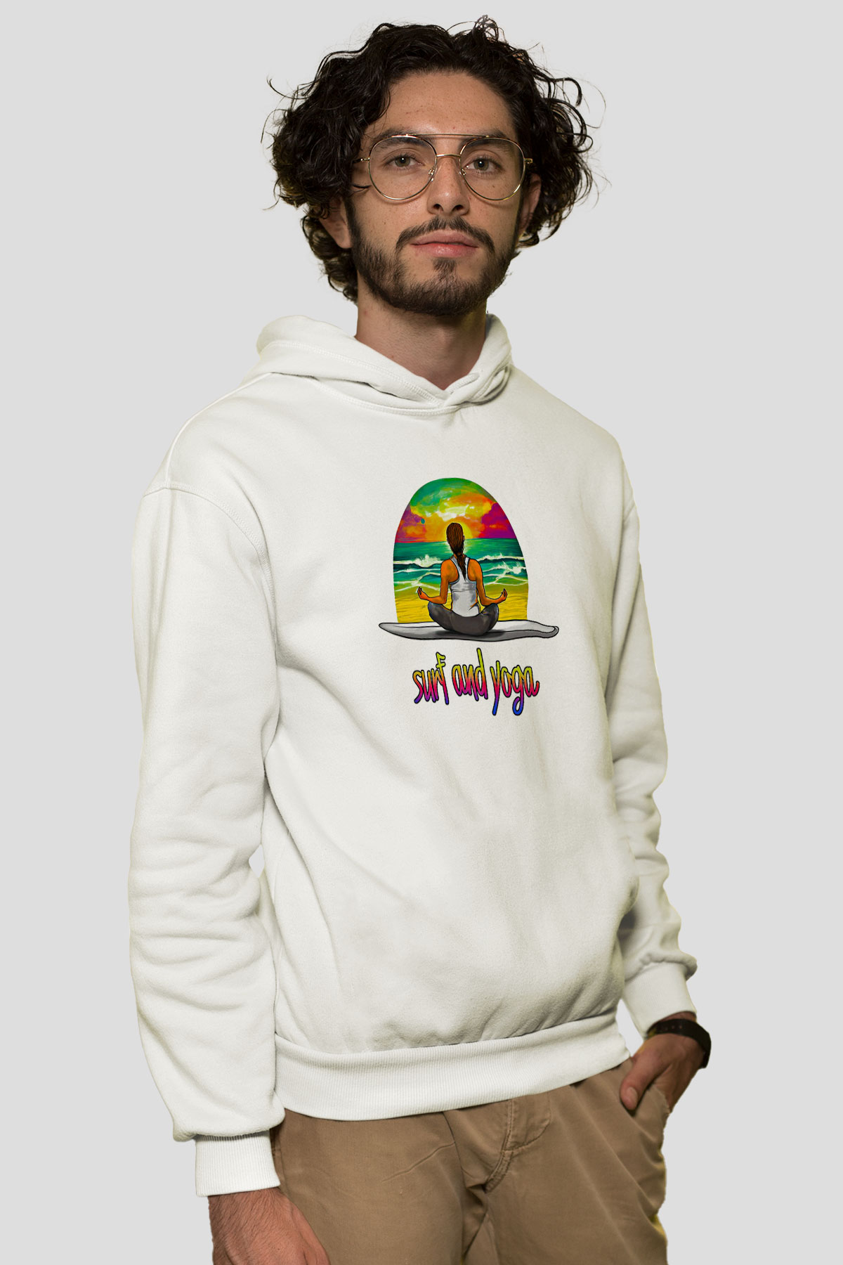 Sörf Baskılı Unisex Ekru Hoodie