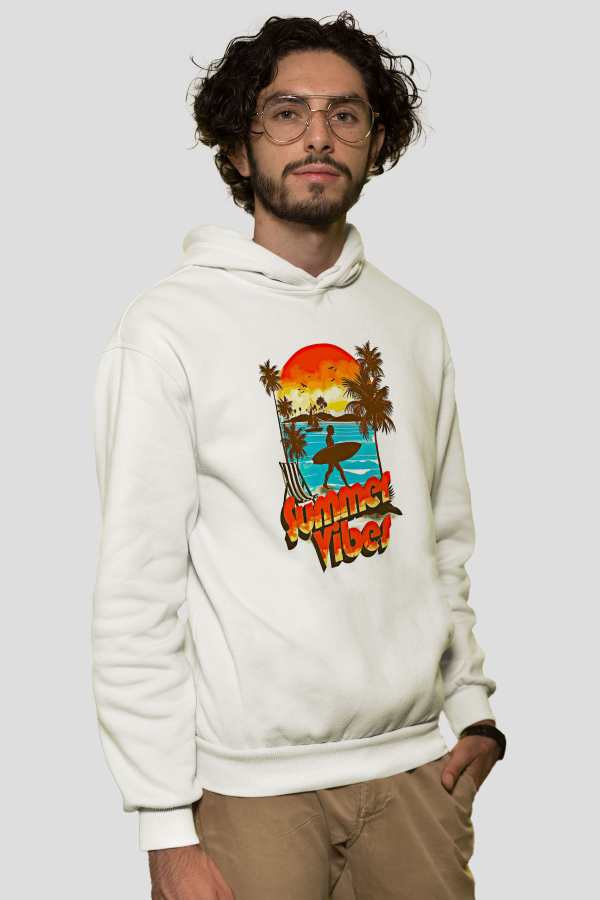 Sörf Baskılı Unisex Ekru Hoodie
