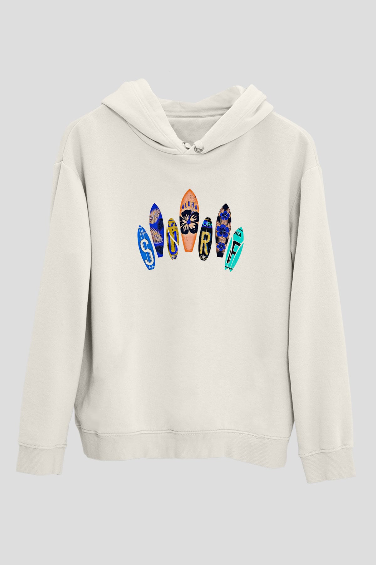 Sörf Baskılı Unisex Ekru Hoodie