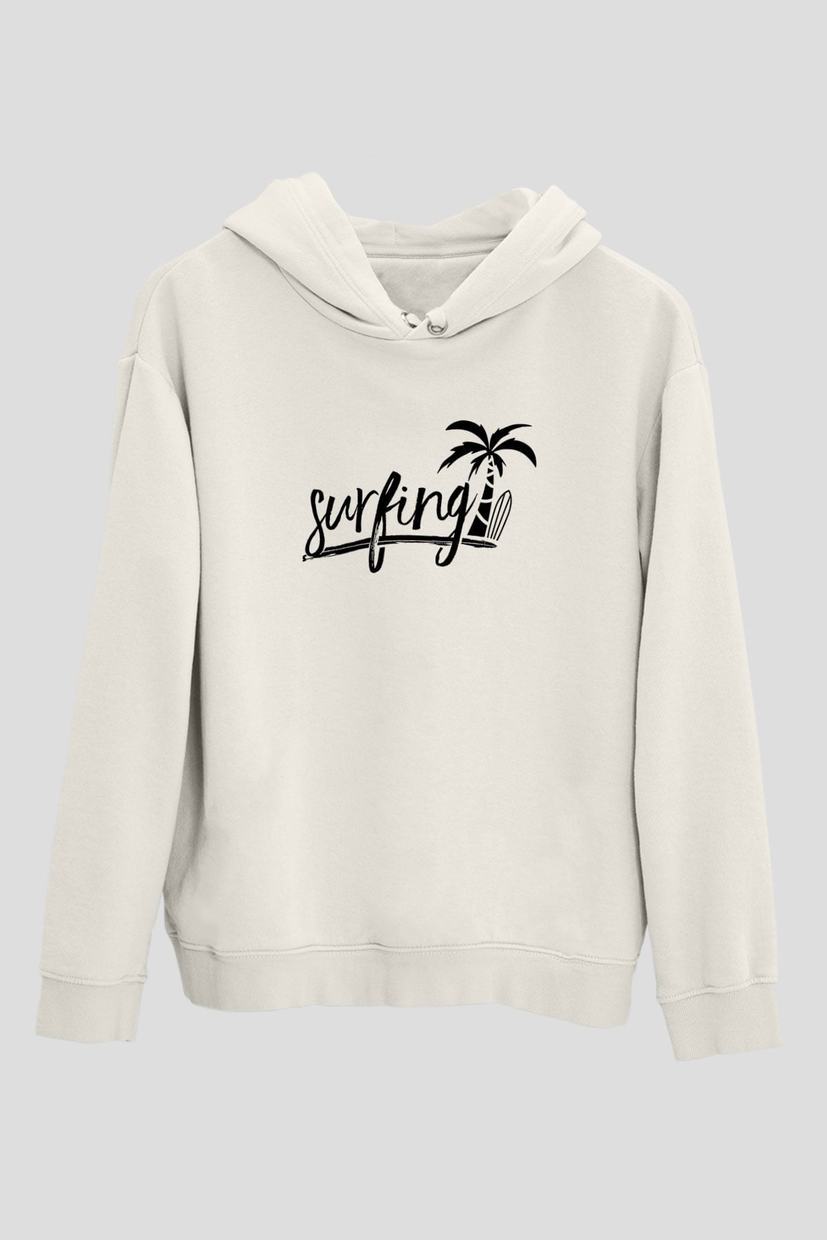 Sörf Baskılı Unisex Ekru Hoodie