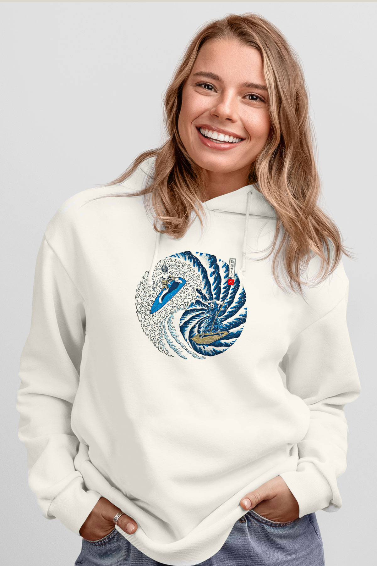 Sörf Baskılı Unisex Ekru Hoodie