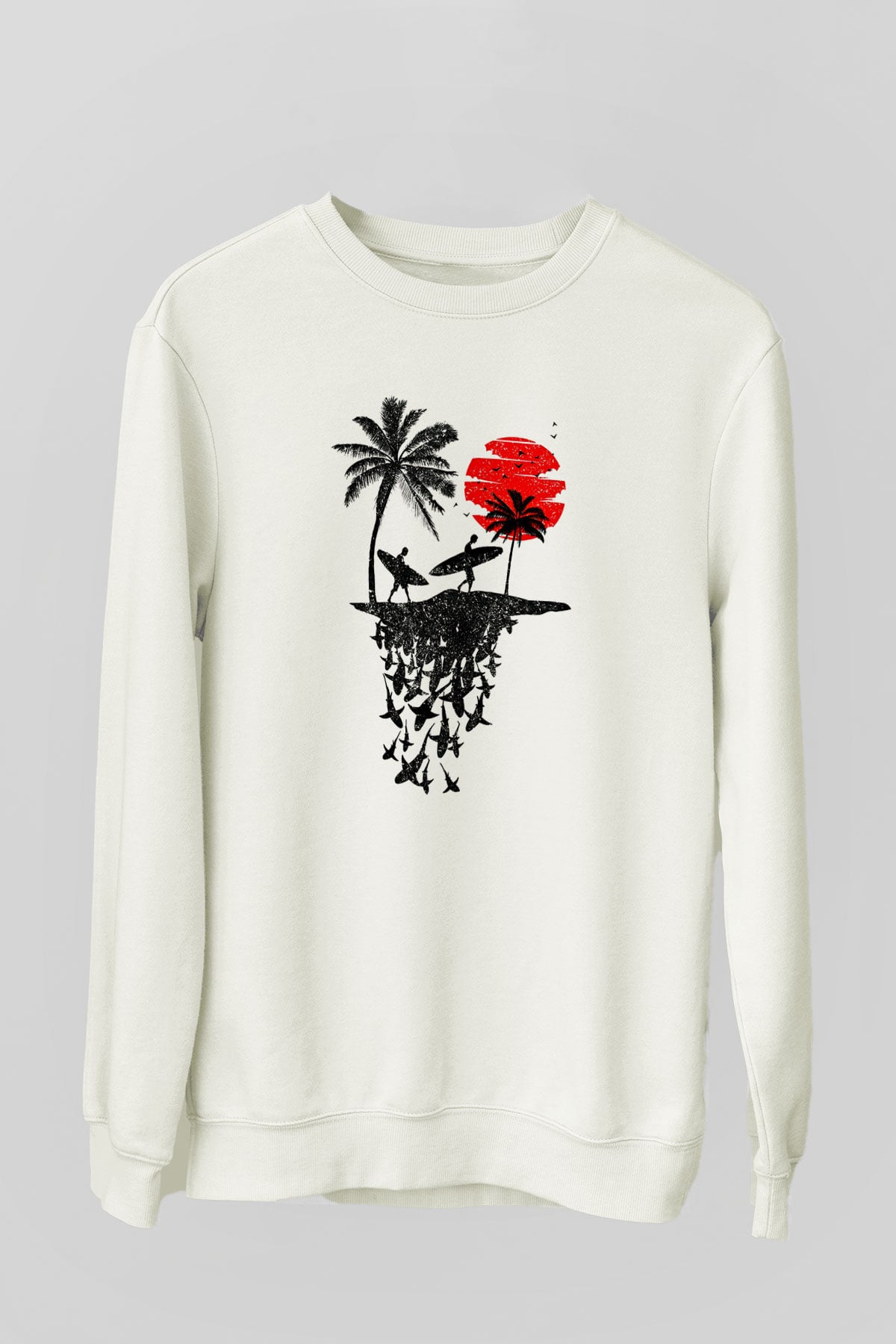 Sörf Baskılı Unisex Ekru Sweatshirt