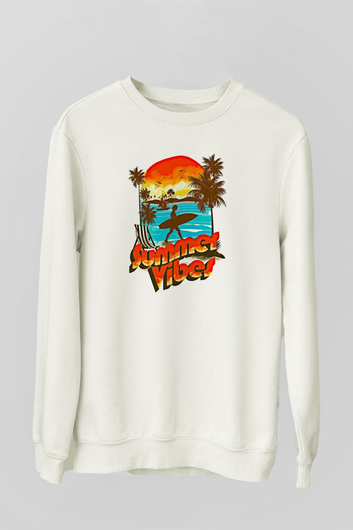 Sörf Baskılı Unisex Ekru Sweatshirt