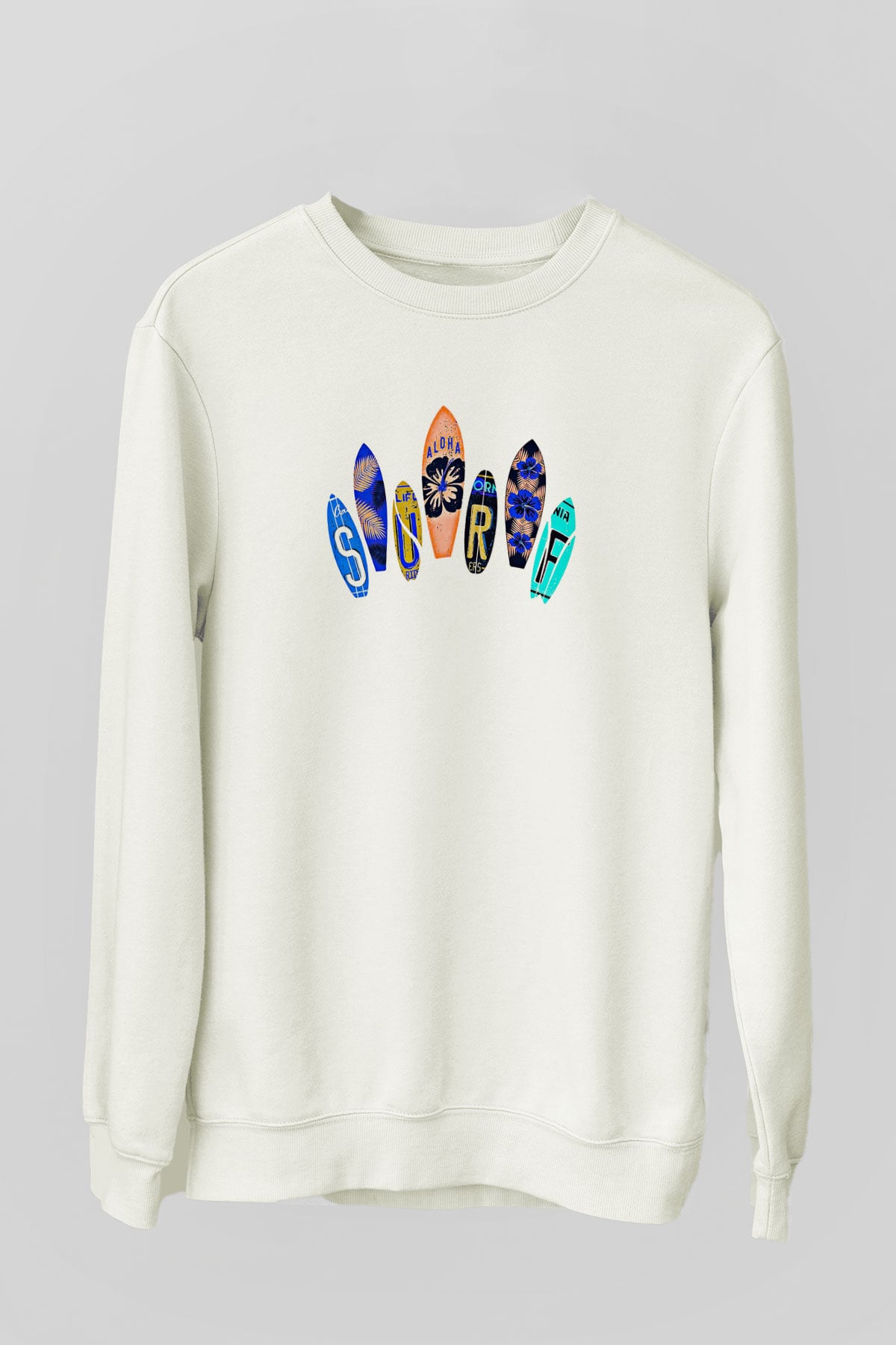 Sörf Baskılı Unisex Ekru Sweatshirt