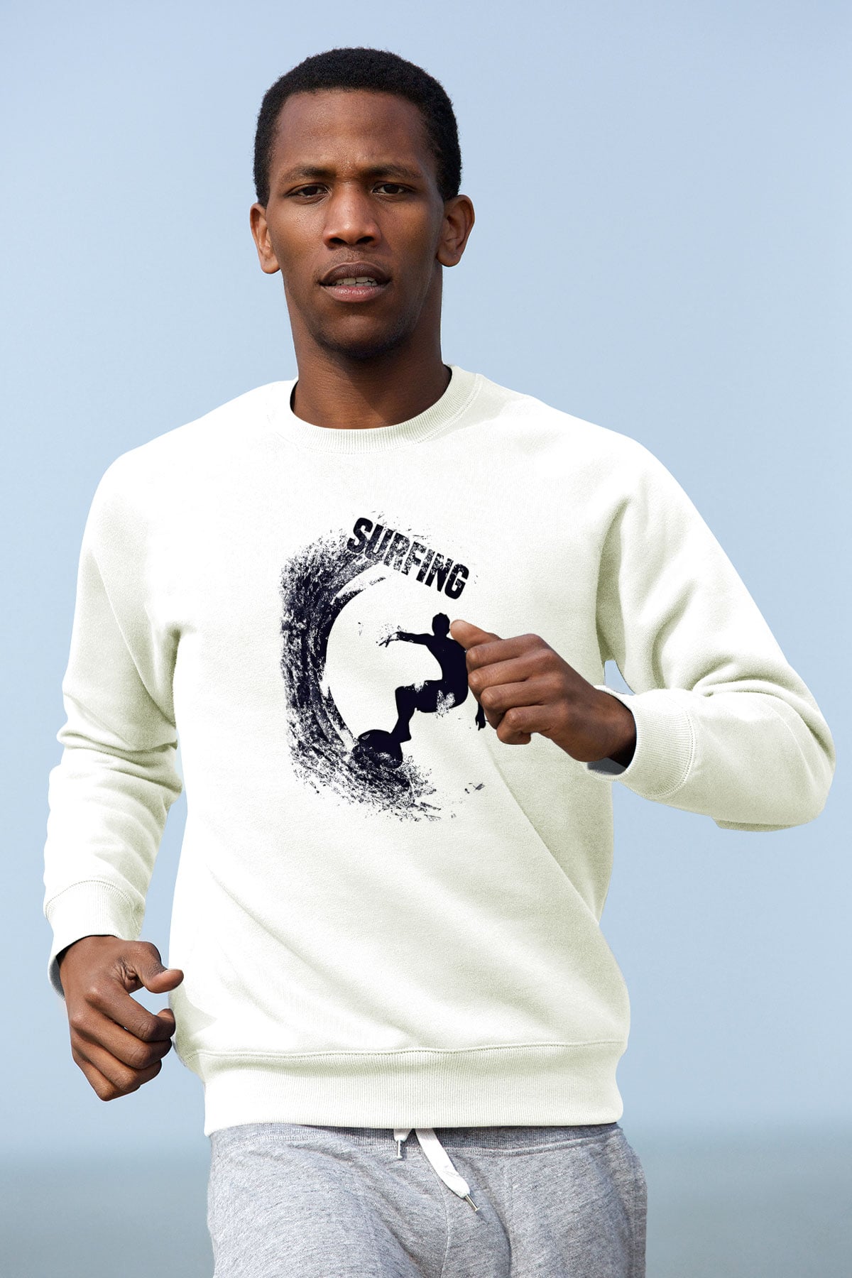 Sörf Baskılı Unisex Ekru Sweatshirt