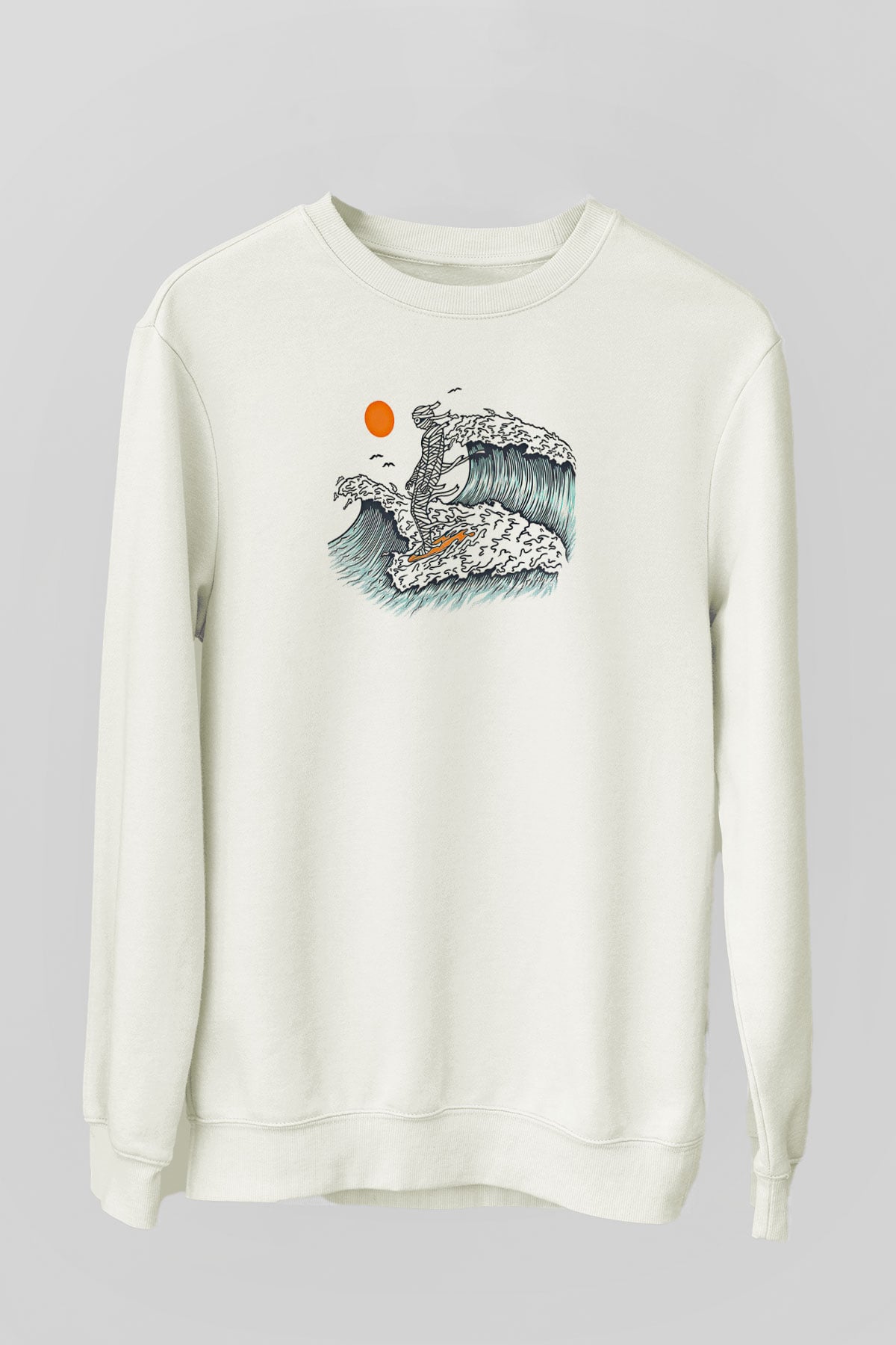 Sörf Baskılı Unisex Ekru Sweatshirt