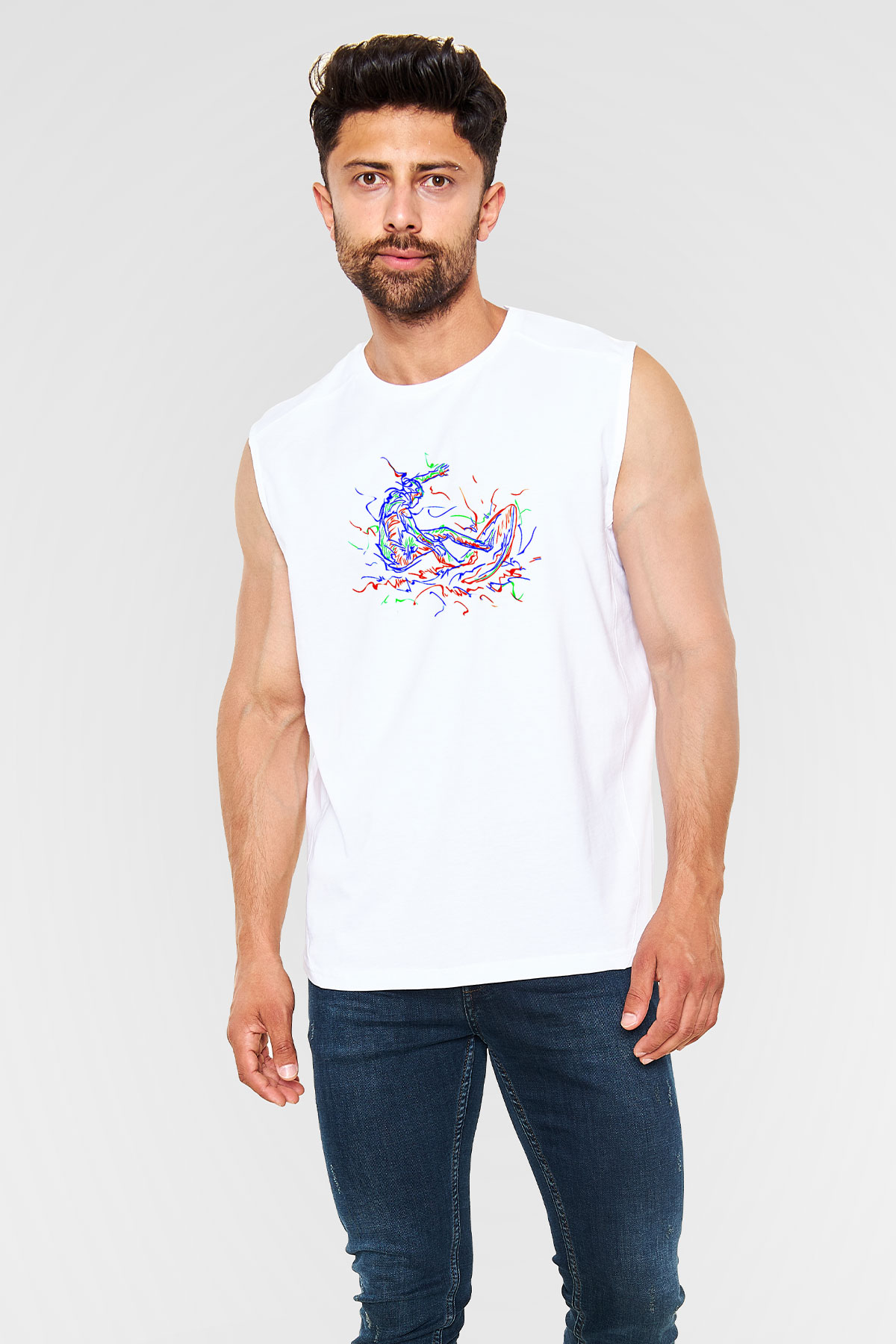 Sörf Baskılı Unisex Kolsuz Beyaz Tişört