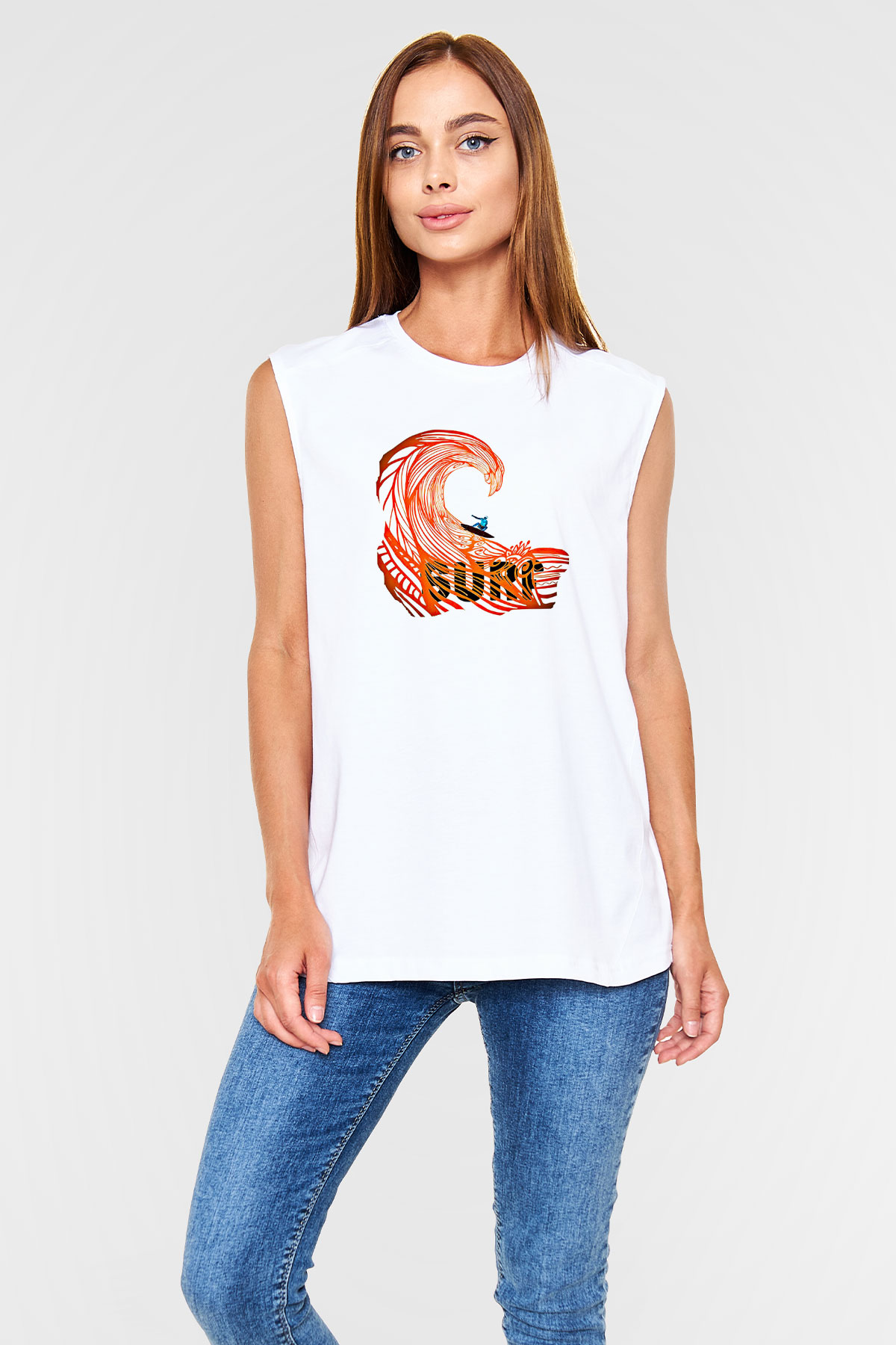 Sörf Baskılı Unisex Kolsuz Beyaz Tişört