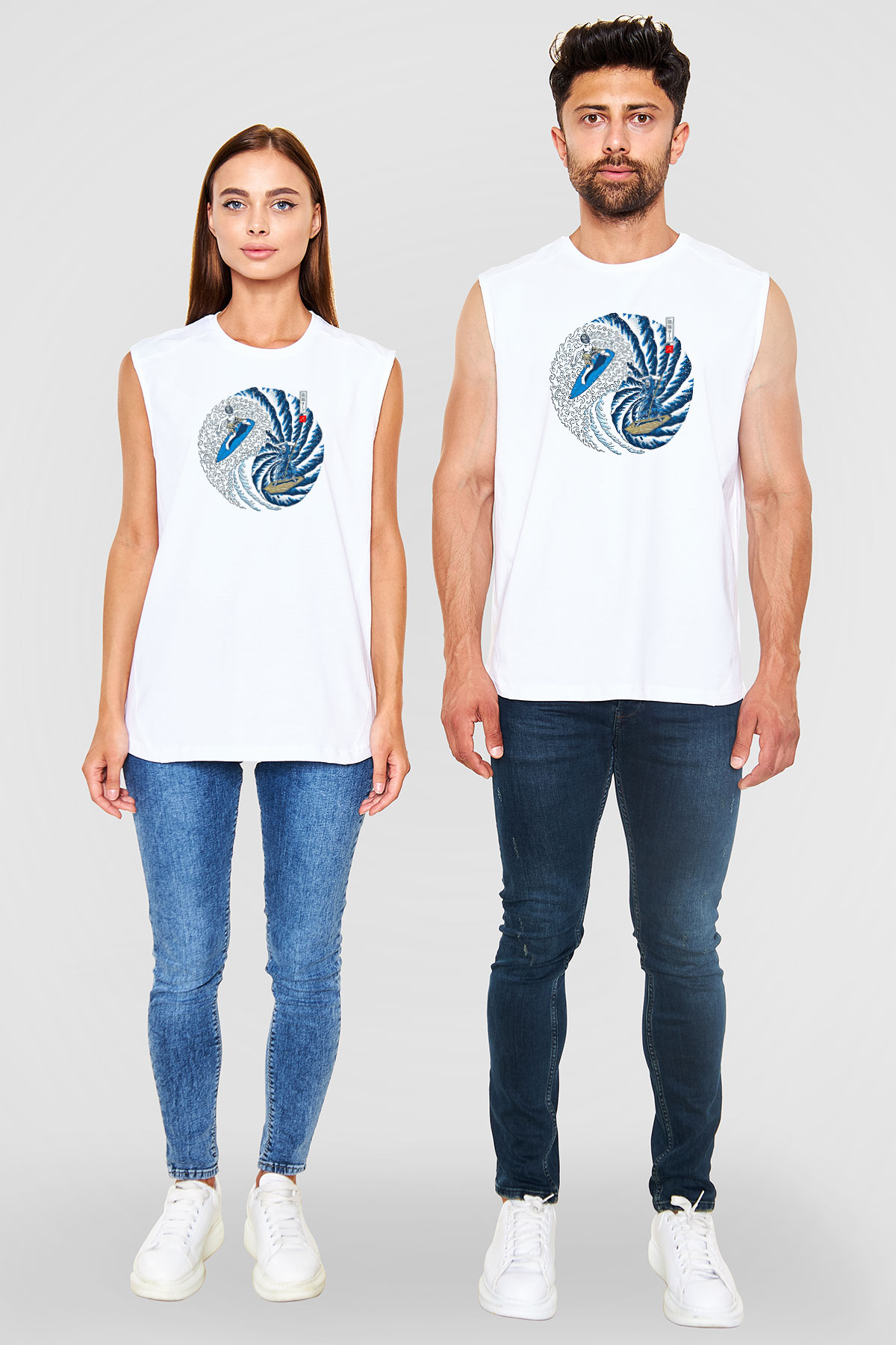 Sörf Baskılı Unisex Kolsuz Beyaz Tişört