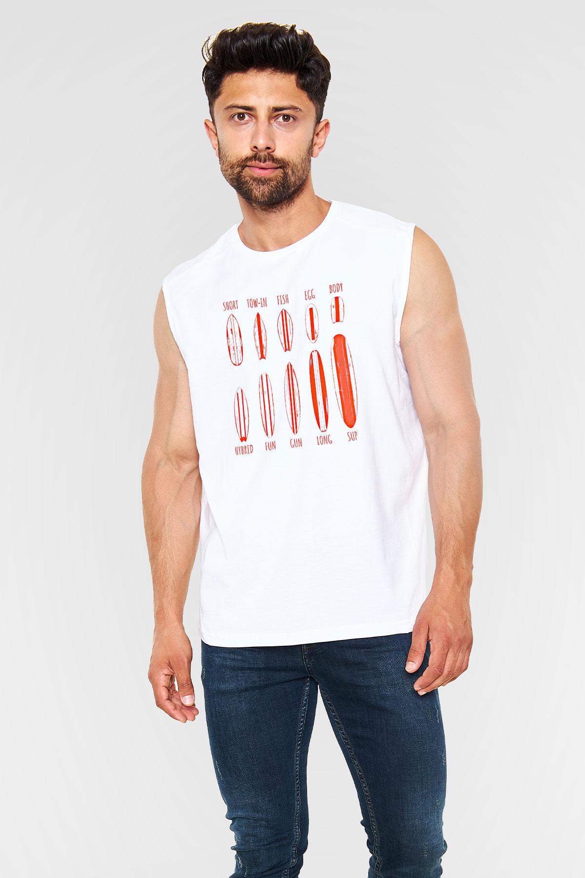 Sörf Baskılı Unisex Kolsuz Beyaz Tişört