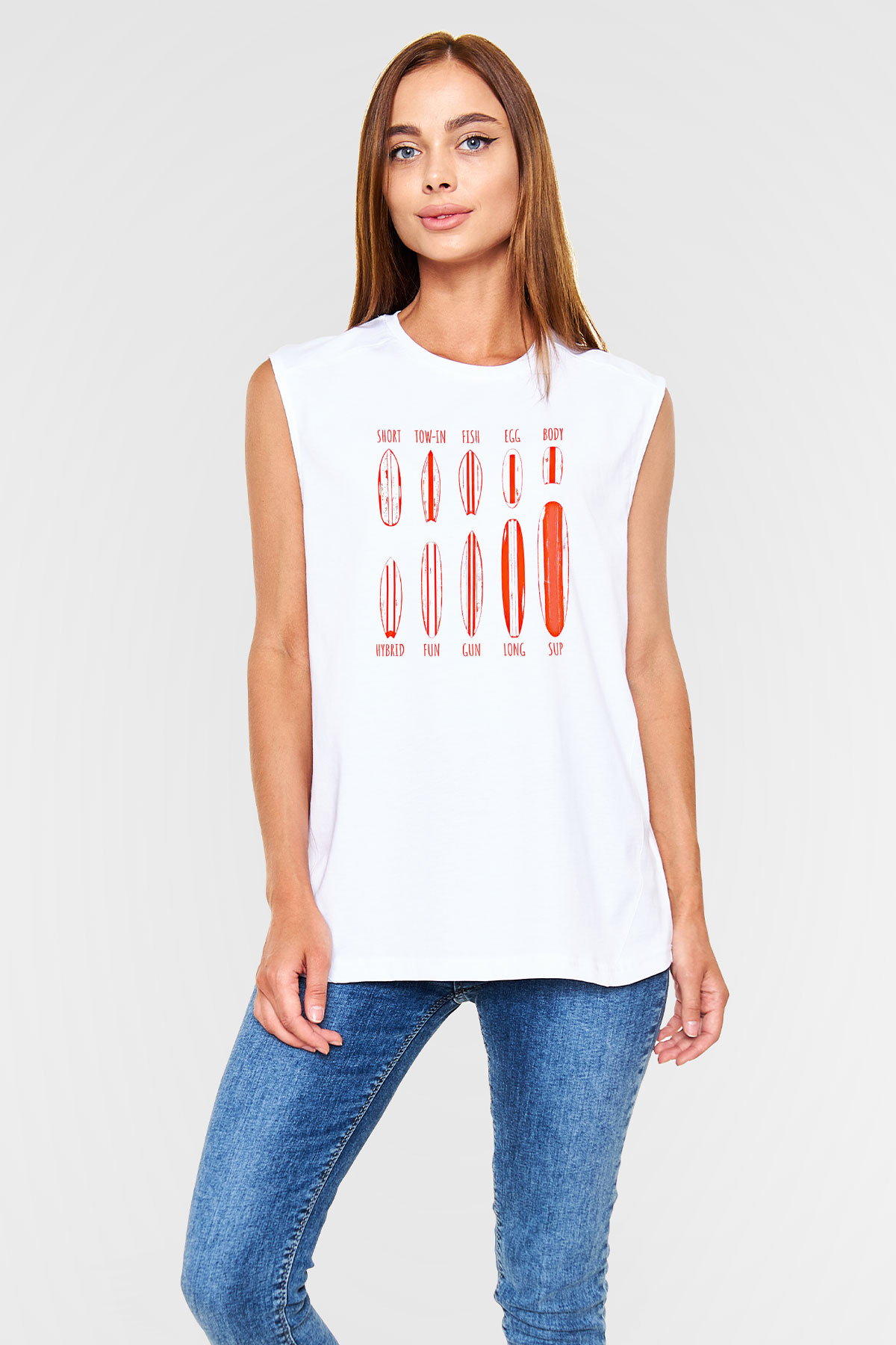 Sörf Baskılı Unisex Kolsuz Beyaz Tişört