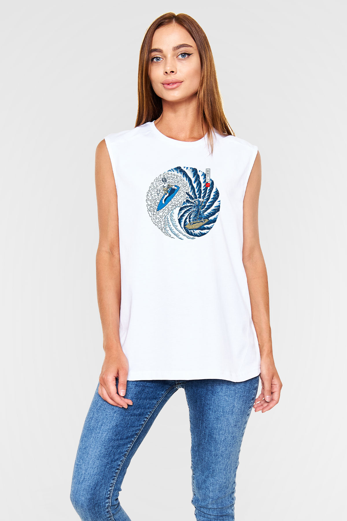 Sörf Baskılı Unisex Kolsuz Beyaz Tişört