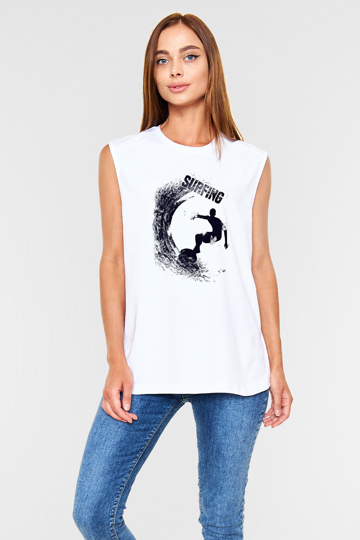 Sörf Baskılı Unisex Kolsuz Beyaz Tişört