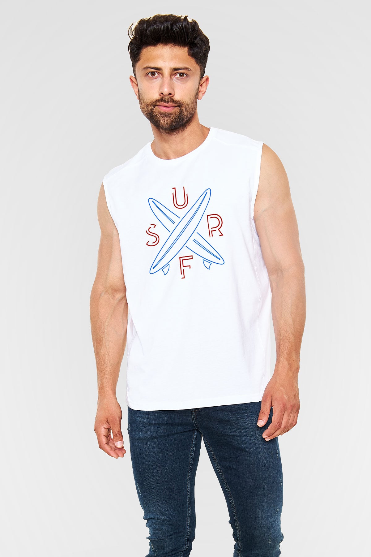 Sörf Baskılı Unisex Kolsuz Beyaz Tişört