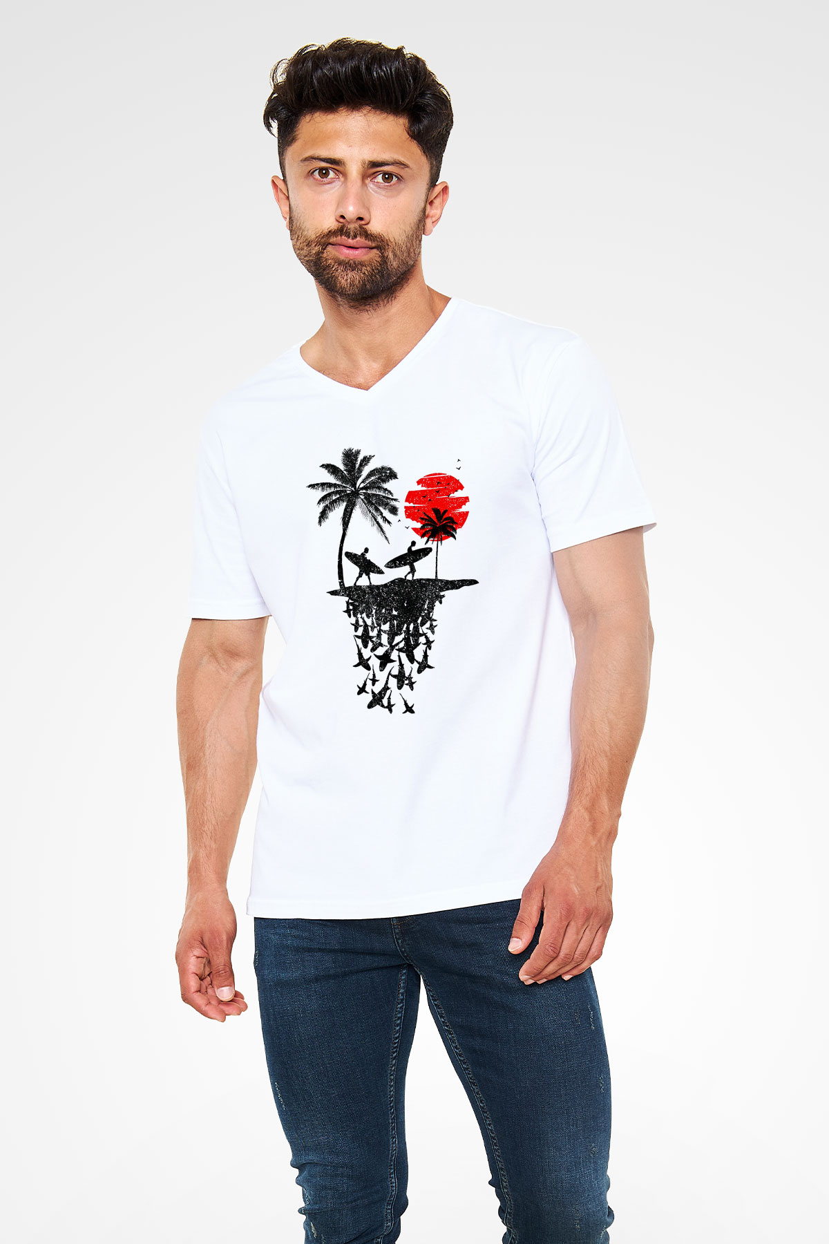Sörf Baskılı Unisex V Yaka Tişört - Tshirt