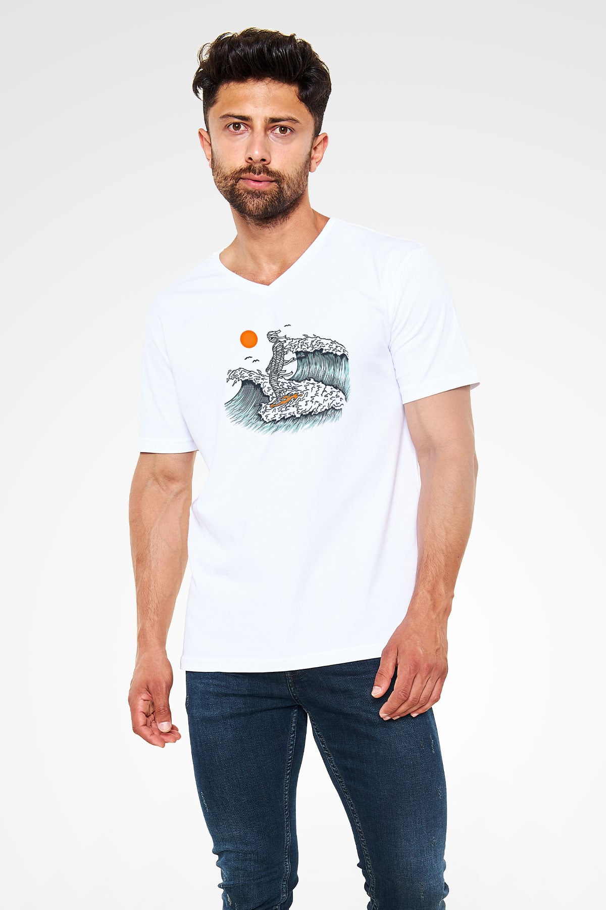 Sörf Baskılı Unisex V Yaka Tişört - Tshirt
