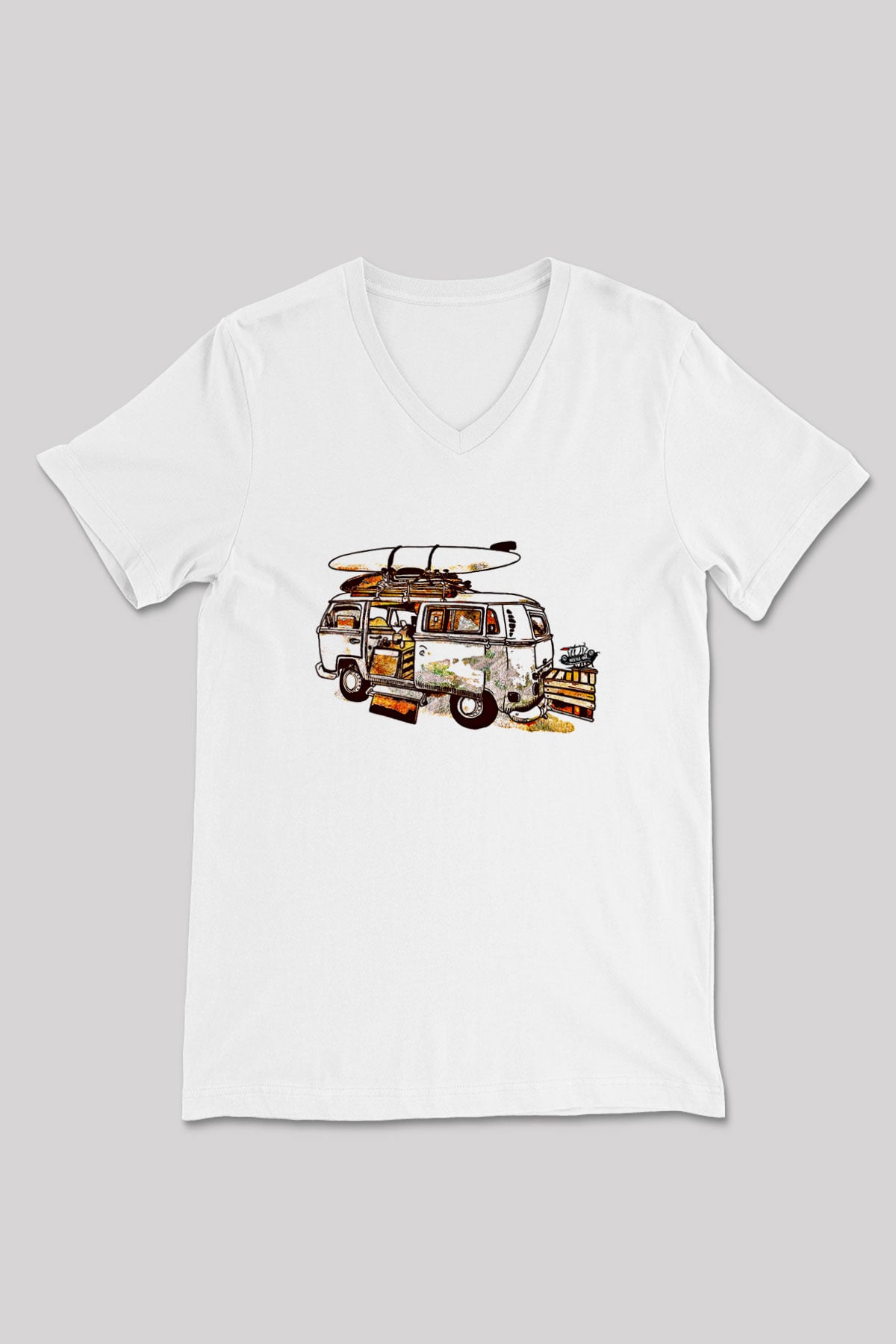 Sörf Baskılı Unisex V Yaka Tişört - Tshirt
