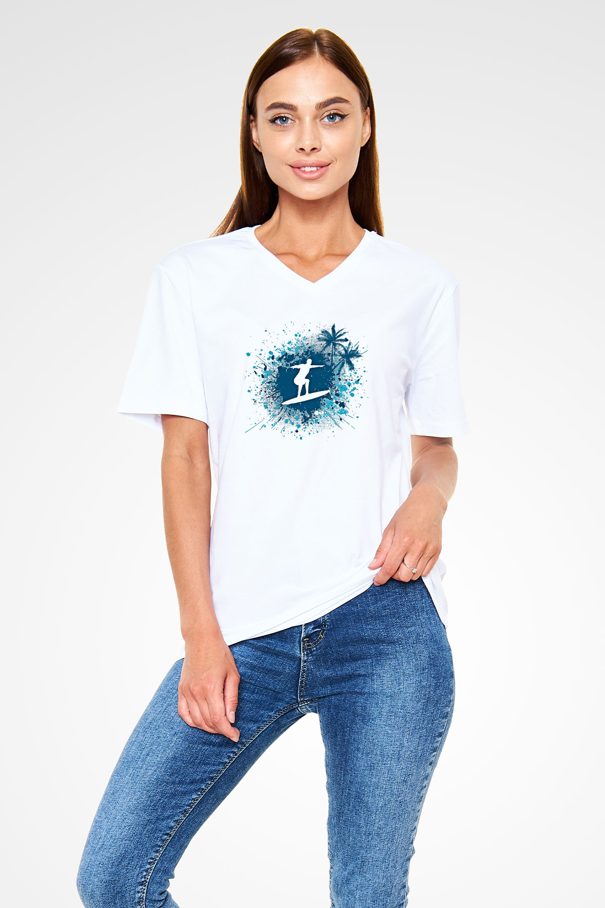 Sörf Baskılı Unisex V Yaka Tişört - Tshirt