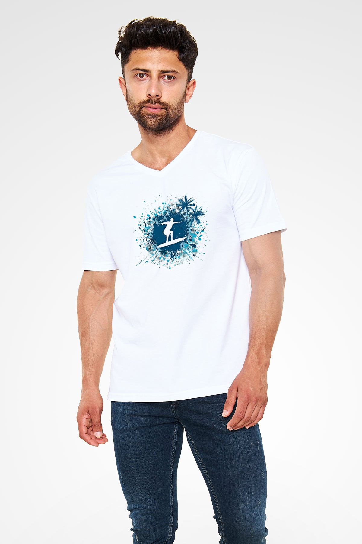 Sörf Baskılı Unisex V Yaka Tişört - Tshirt