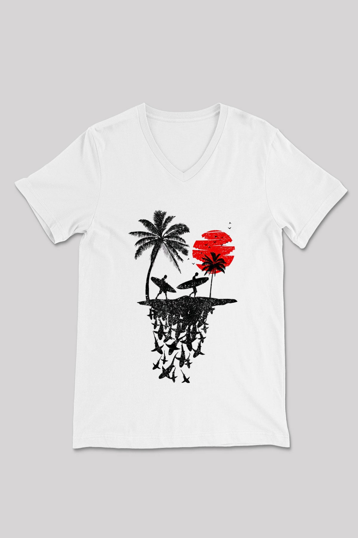 Sörf Baskılı Unisex V Yaka Tişört - Tshirt
