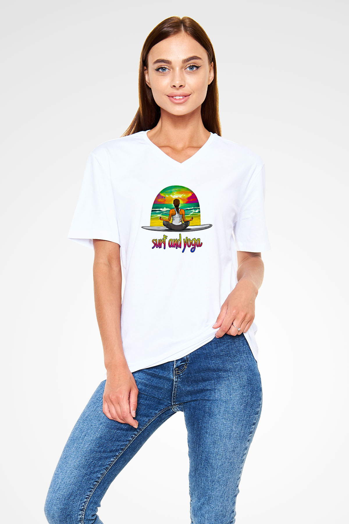 Sörf Baskılı Unisex V Yaka Tişört - Tshirt
