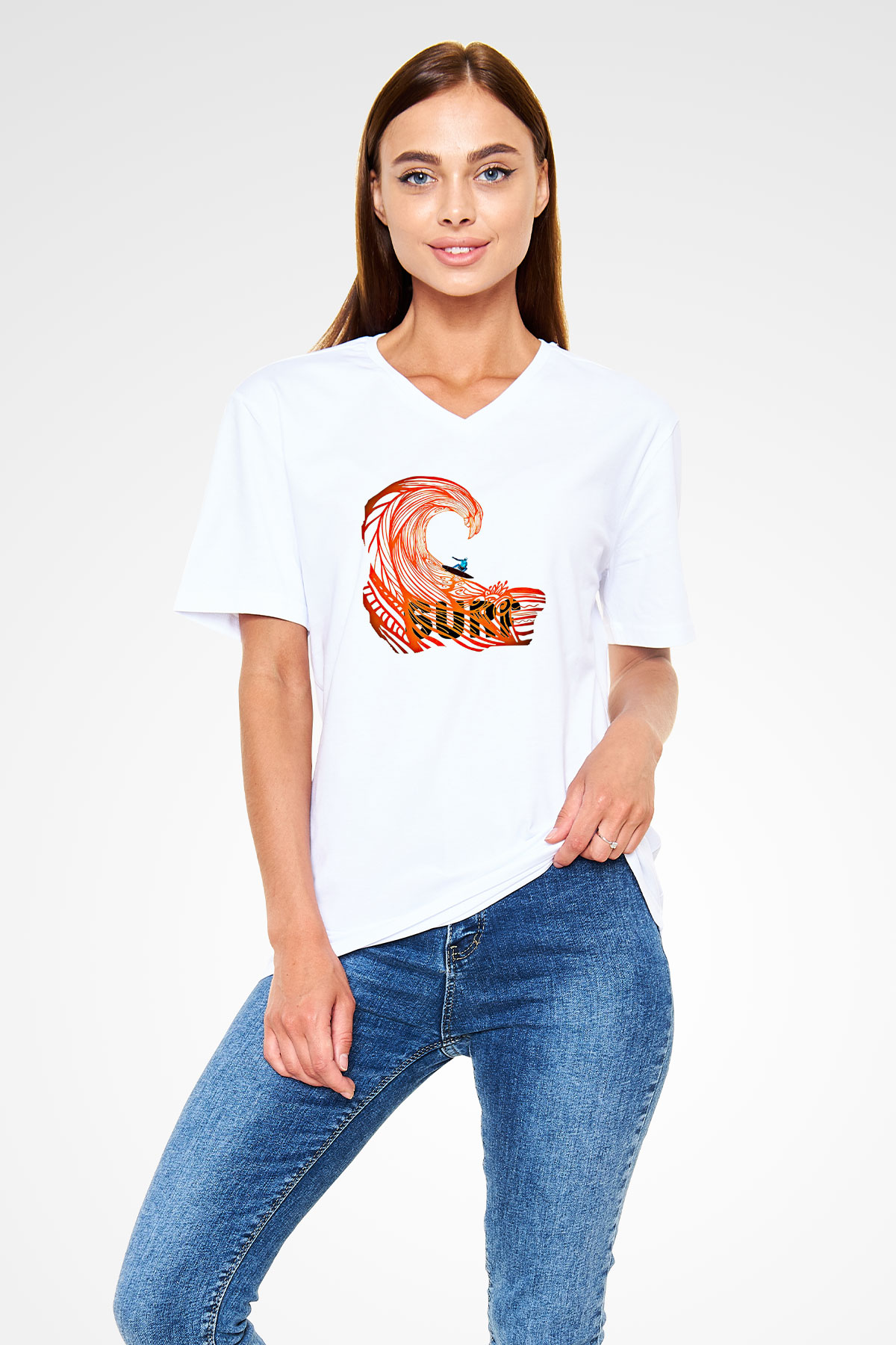 Sörf Baskılı Unisex V Yaka Tişört - Tshirt