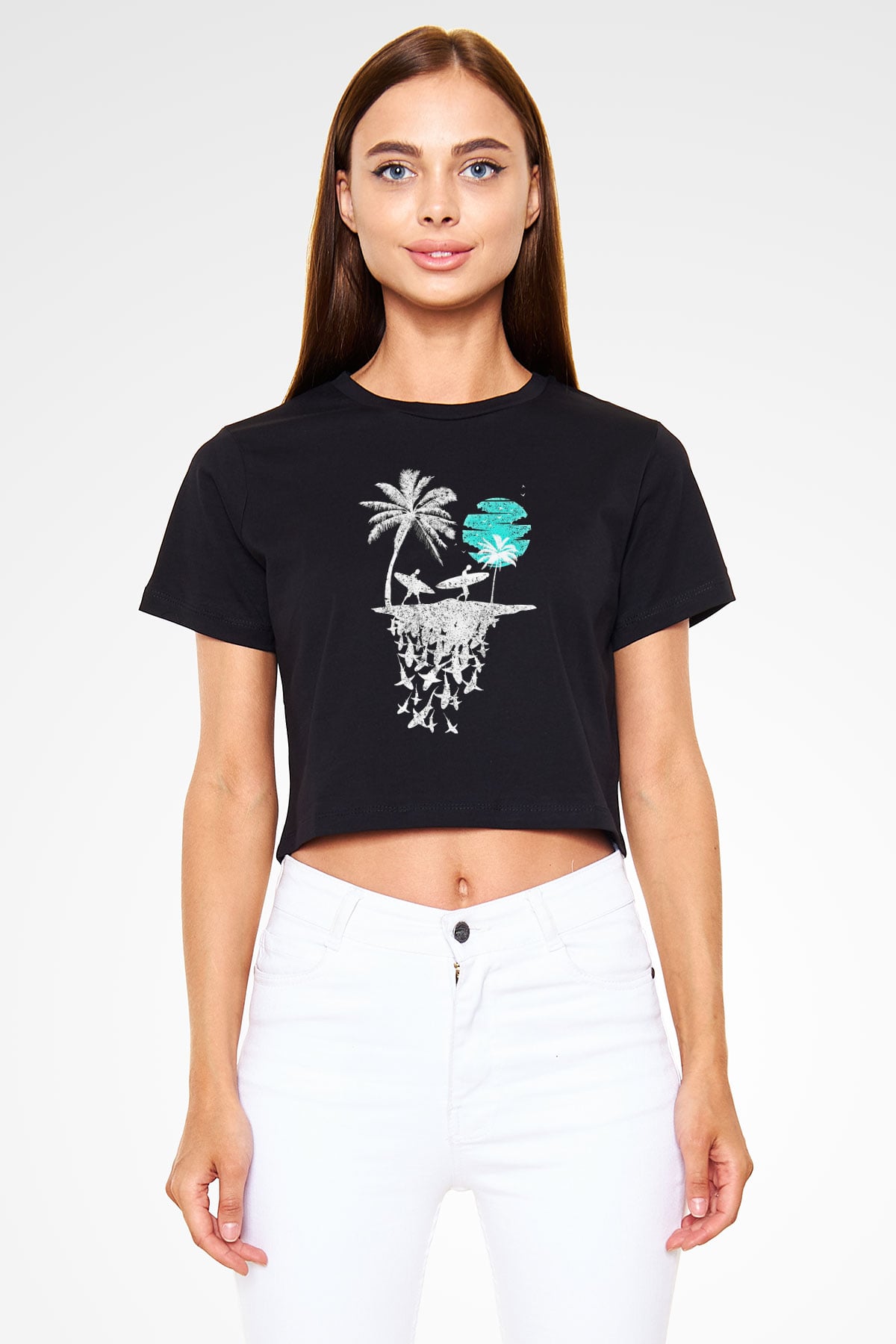 Sörf - Surfing Baskılı Crop Top Siyah Kadın Tişört - Tshirt